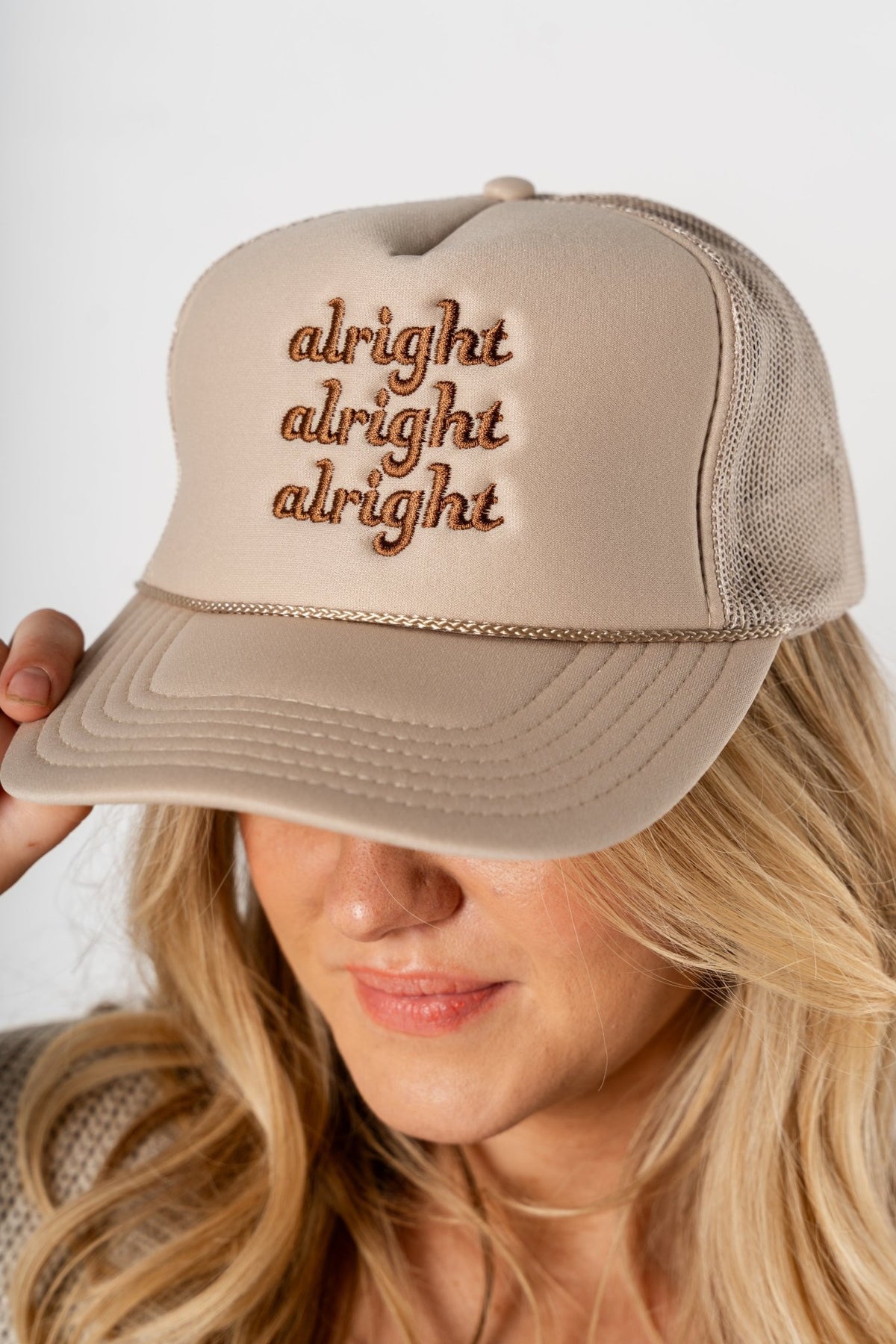 Alright alright alright trucker hat khaki - Trendy Hats at Lush Fashion Lounge Boutique in Oklahoma City