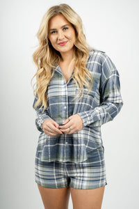 Z Supply road trip flannel dusty denim - Z Supply Top - Z Supply Apparel at Lush Fashion Lounge Trendy Boutique Oklahoma City