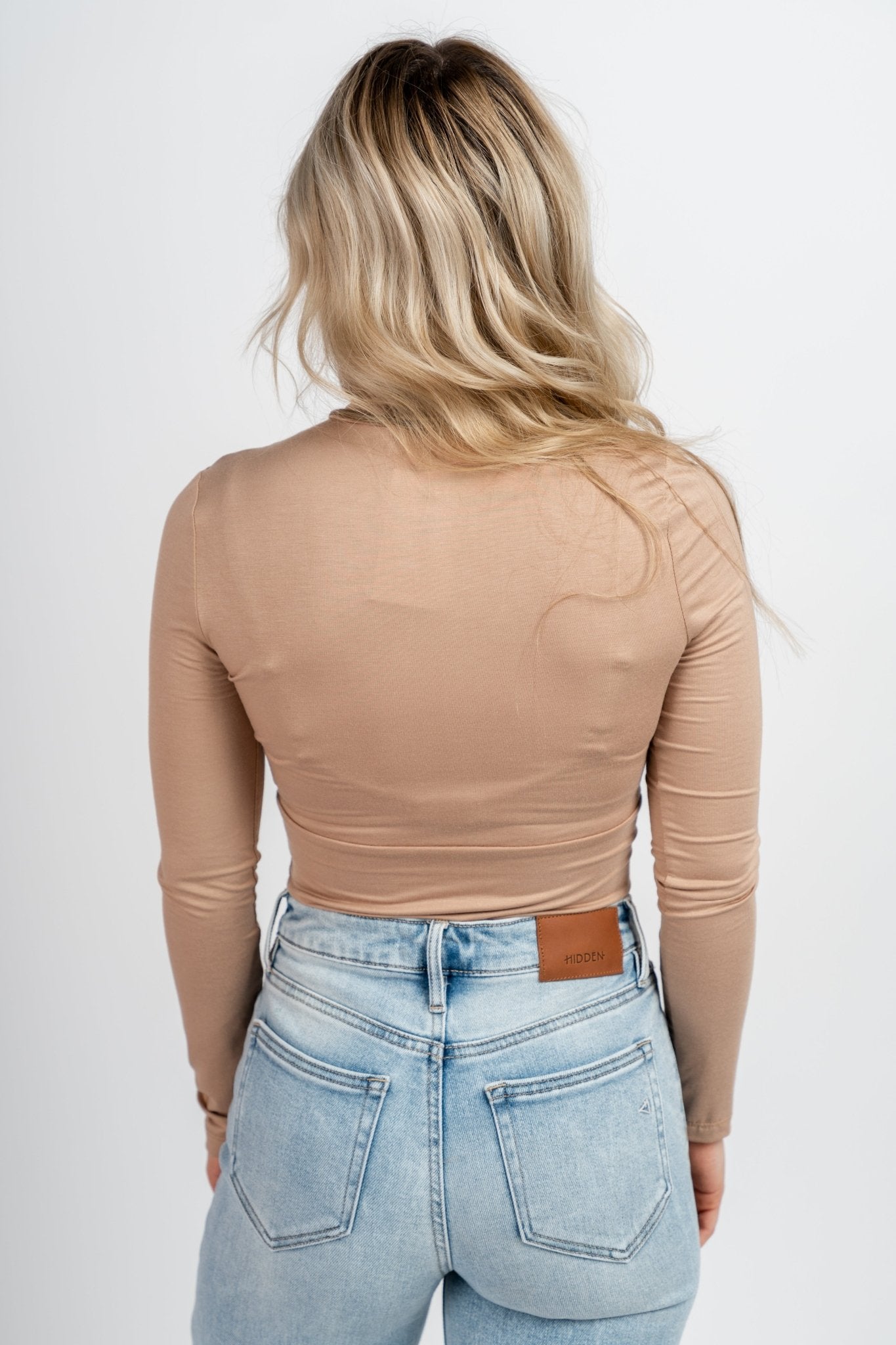 Mock neck long sleeve top taupe