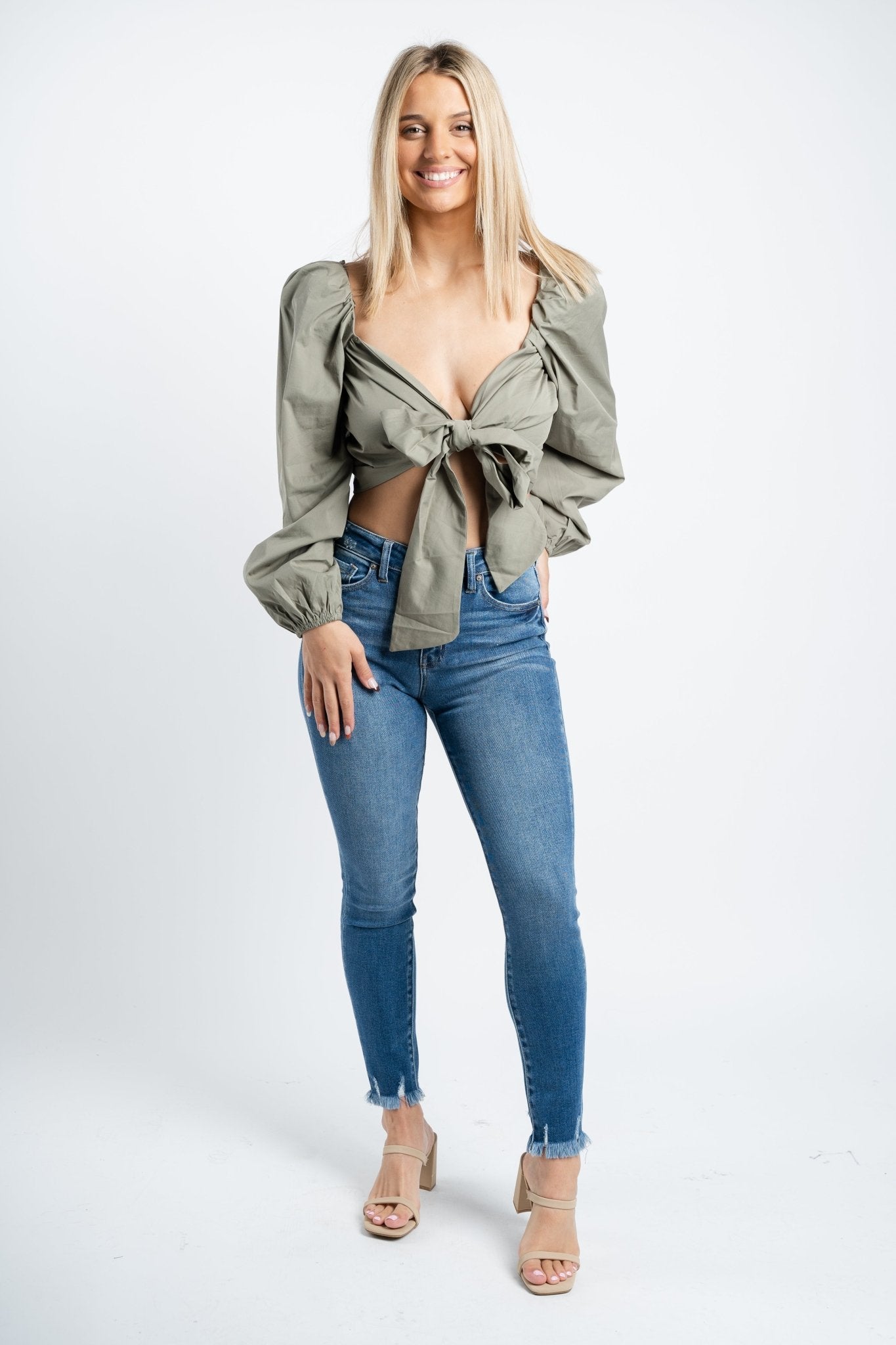 Front ribbon tie top dusty olive