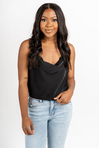 Cowl neck satin tank top black - Affordable Top - Boutique Tank Tops at Lush Fashion Lounge Boutique in Oklahoma City