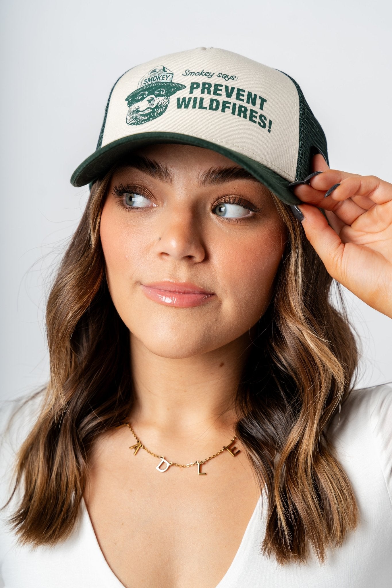 Smokey the bear sinclair trucker hat ivory/green - Trendy Gifts at Lush Fashion Lounge Boutique in Oklahoma City