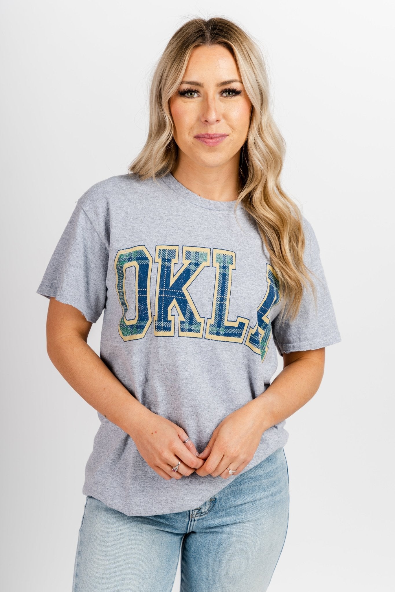 OKLA plaid arch thrifted t-shirt grey - Cute t-shirt - Trendy Graphic T-Shirts at Lush Fashion Lounge Boutique in Oklahoma City