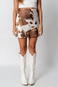 Cow print mini skirt ivory/brown | Lush Fashion Lounge: boutique fashion skirts, affordable boutique skirts, cute affordable skirts