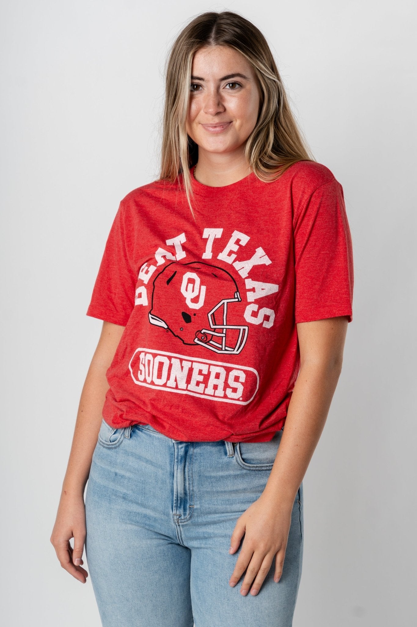 OU OU Beat Texas helmet unisex short sleeve t-shirt red T-shirts | Lush Fashion Lounge Trendy Oklahoma University Sooners Apparel & Cute Gameday T-Shirts