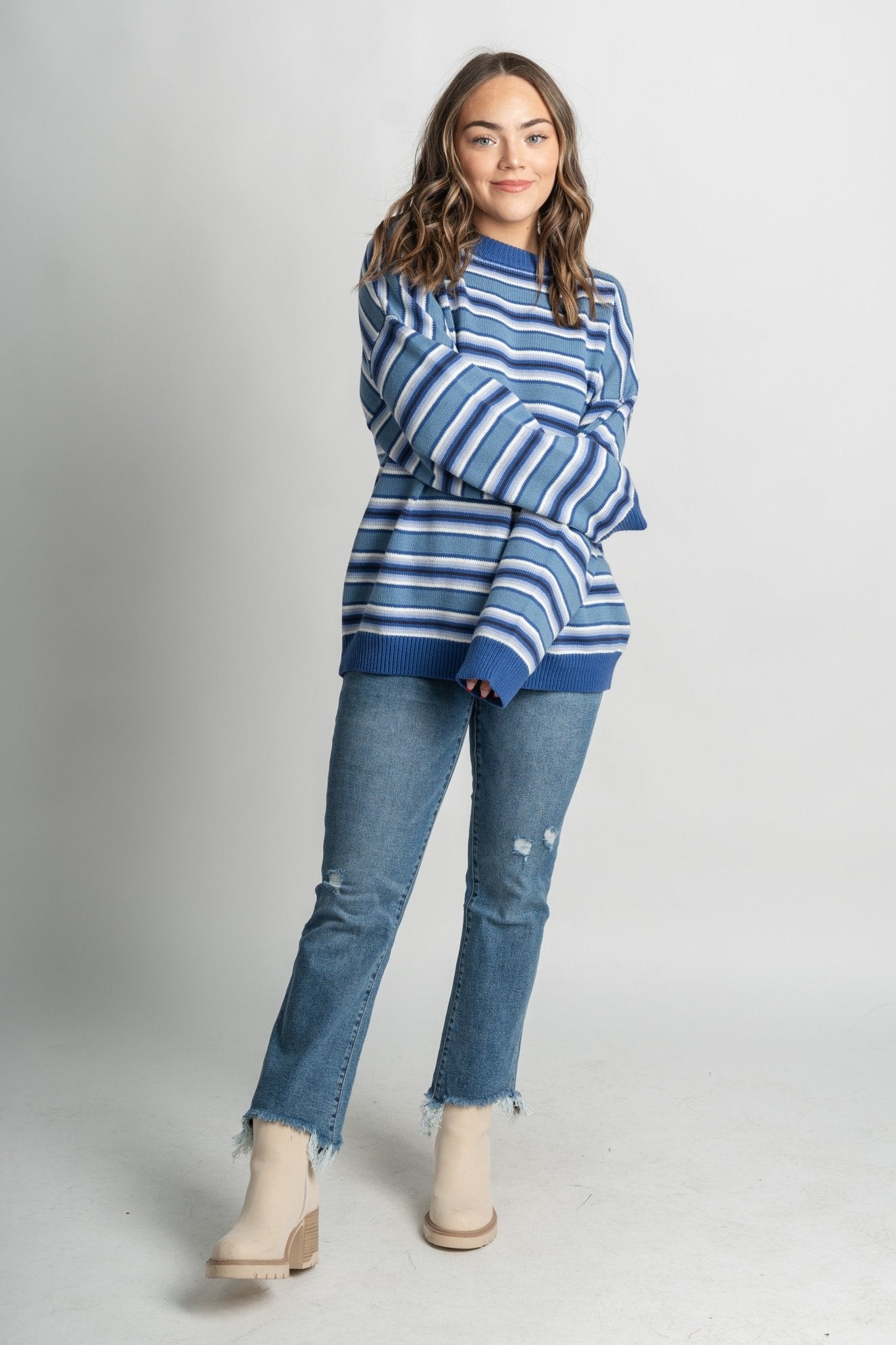 Striped oversized sweater blue multi - Trendy Sweaters | Cute Pullover Sweaters at Lush Fashion Lounge Boutique in Oklahoma City