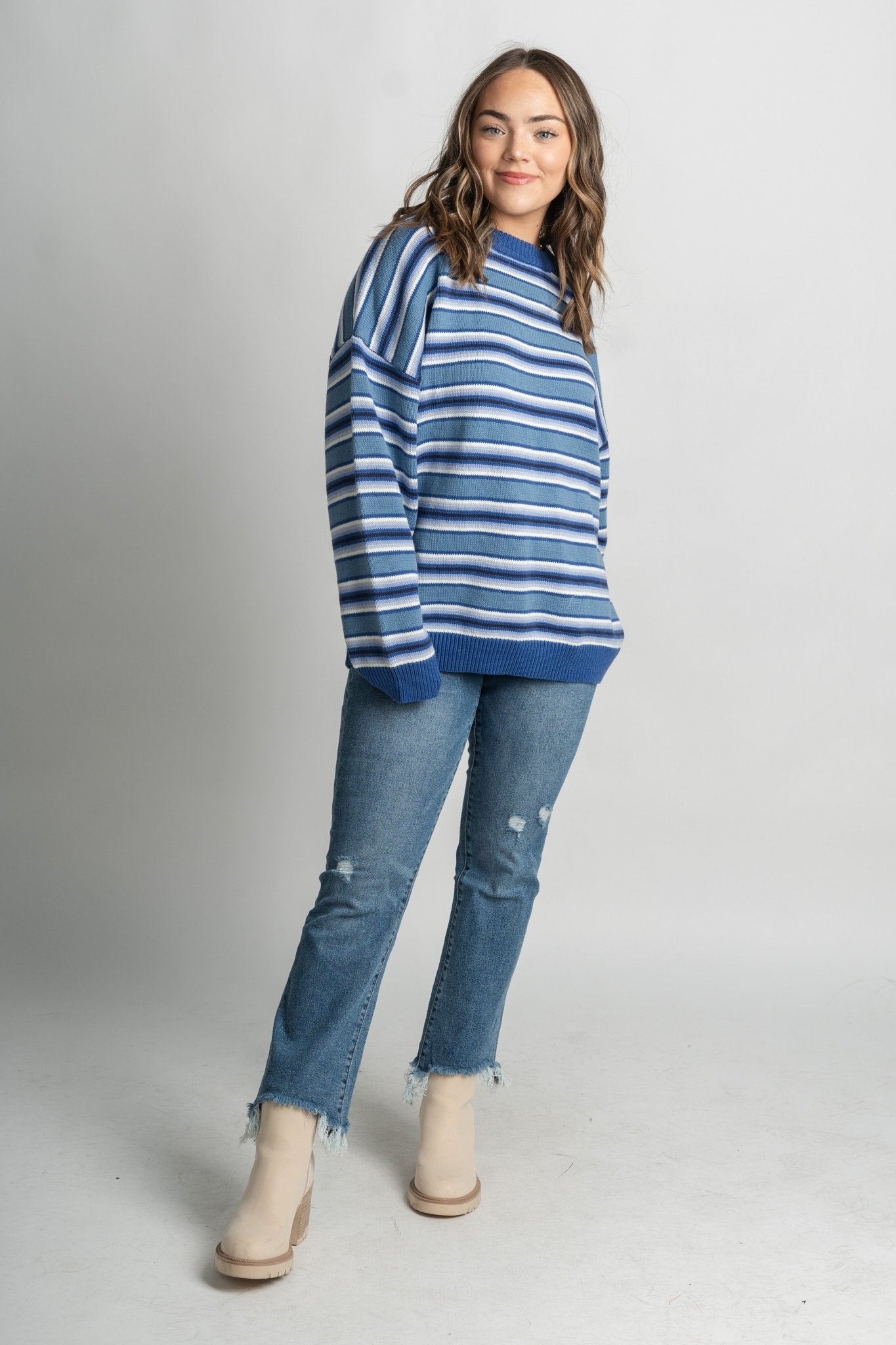 Striped oversized sweater blue multi – Unique Sweaters | Lounging Sweaters and Womens Fashion Sweaters at Lush Fashion Lounge Boutique in Oklahoma City