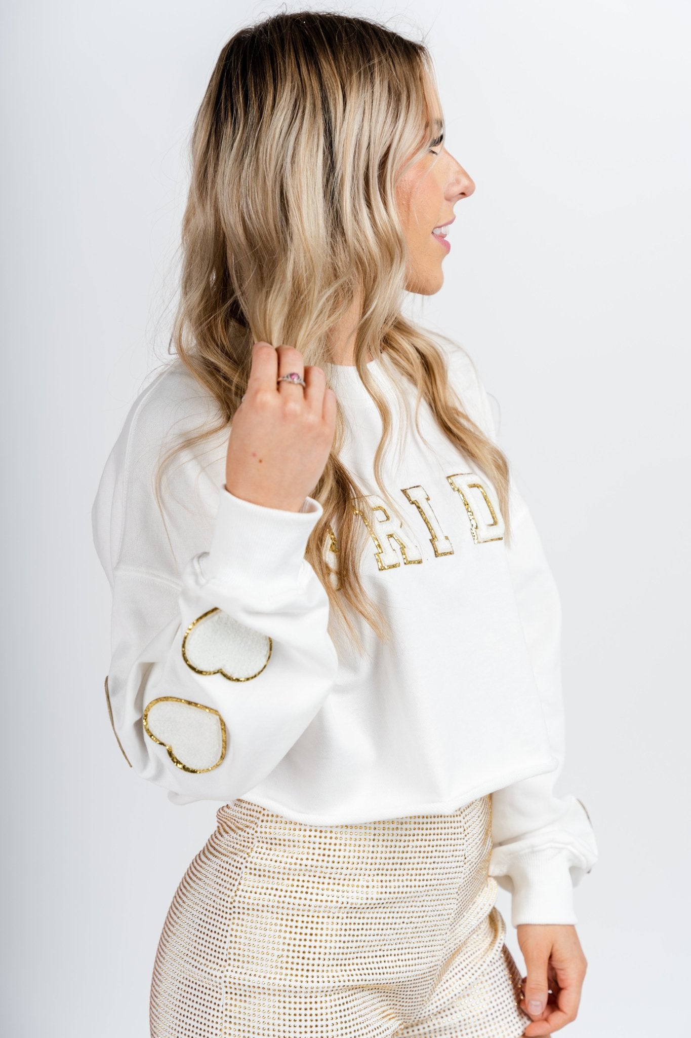 Bride patch crop sweatshirt ivory - Fun Sweatshirt - Stylish Bridal Graphic Tees at Lush Fashion Lounge Boutique in OKC