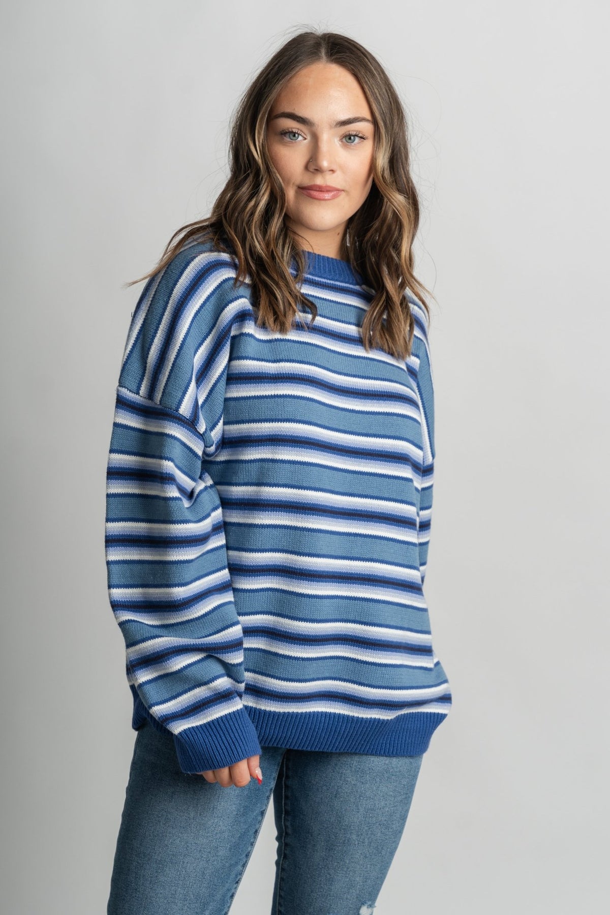 Striped oversized sweater blue multi – Boutique Sweaters | Fashionable Sweaters at Lush Fashion Lounge Boutique in Oklahoma City