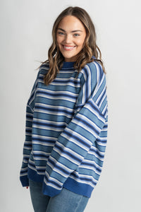 Striped oversized sweater blue multi – Stylish Sweaters | Boutique Sweaters at Lush Fashion Lounge Boutique in Oklahoma City
