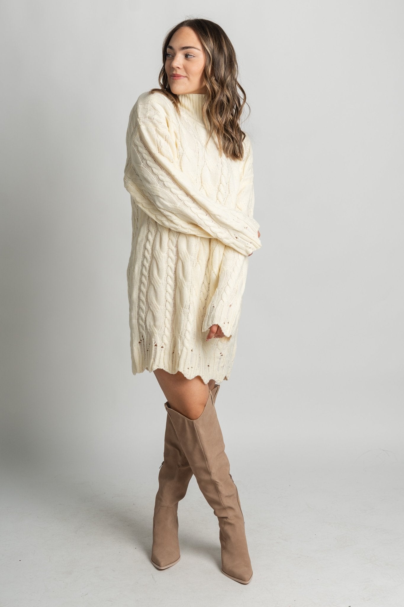 Cable knit sweater dress cream - Trendy Sweaters | Cute Pullover Sweaters at Lush Fashion Lounge Boutique in Oklahoma City