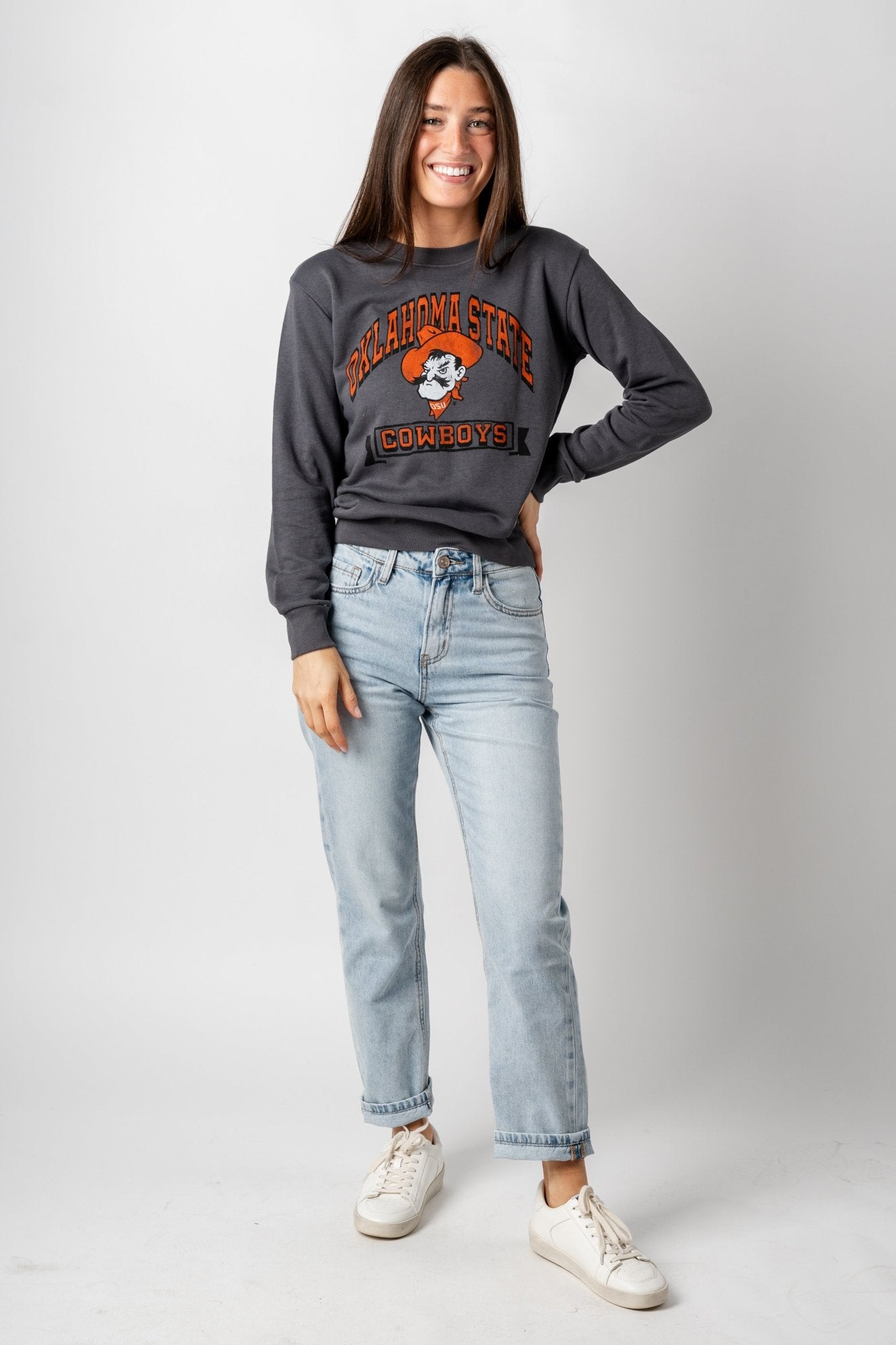 OSU OSU Pete arch crop sweatshirt charcoal sweatshirt | Lush Fashion Lounge Trendy Oklahoma State Cowboys Apparel & Cute Gameday T-Shirts