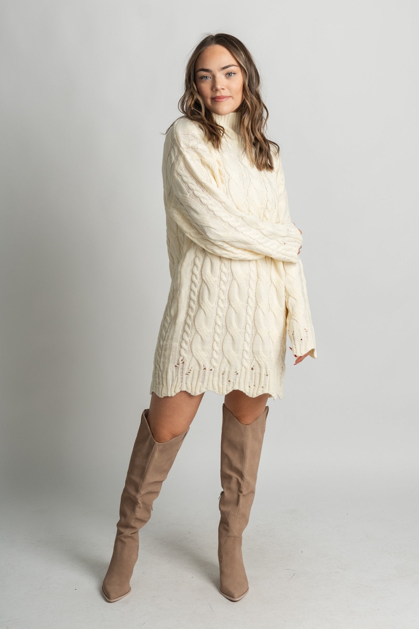 Cable knit sweater dress cream – Unique Sweaters | Lounging Sweaters and Womens Fashion Sweaters at Lush Fashion Lounge Boutique in Oklahoma City