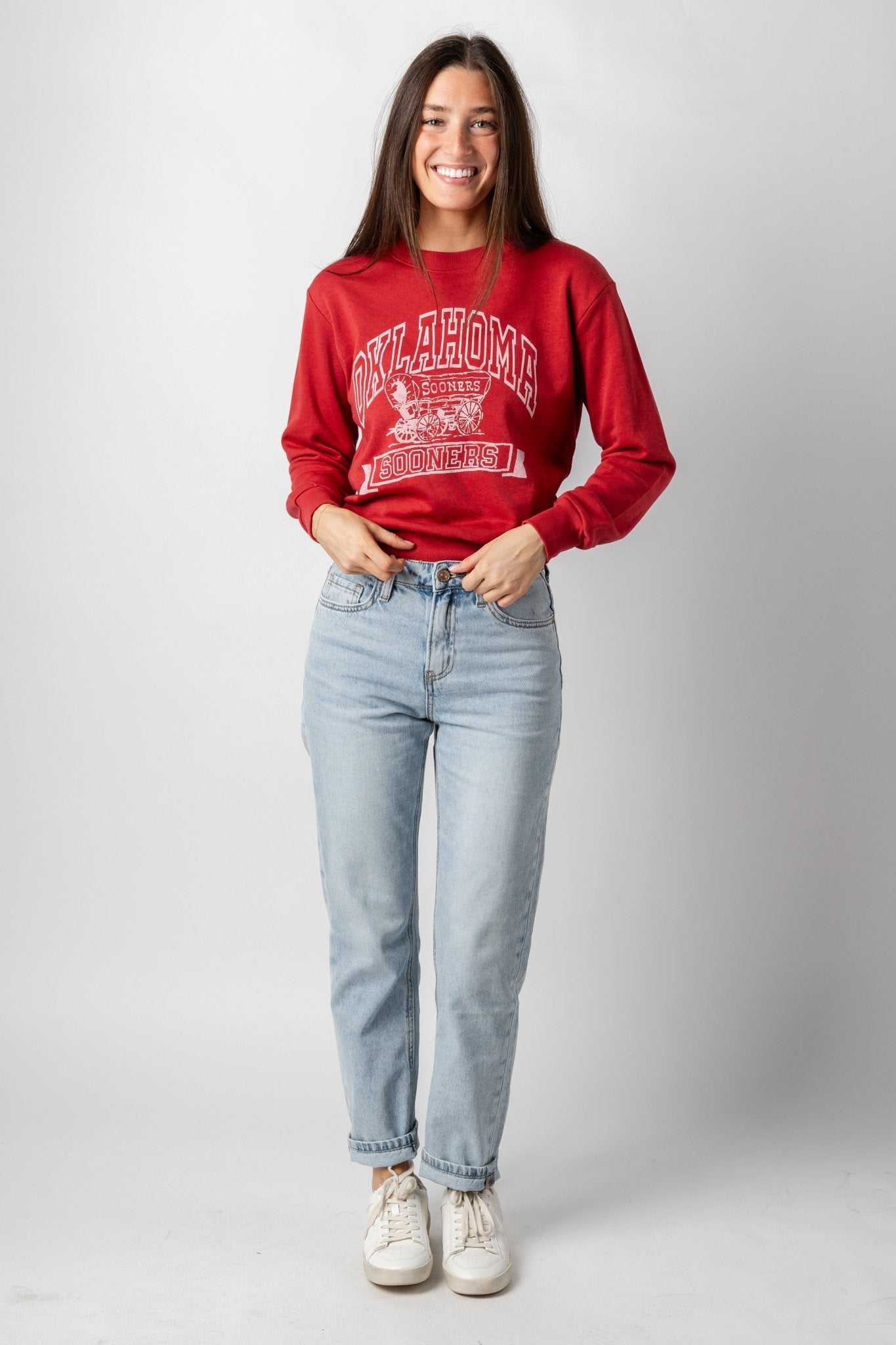 OU OU arch schooner crop sweatshirt crimson t-shirt | Lush Fashion Lounge Trendy Oklahoma University Sooners Apparel & Cute Gameday T-Shirts