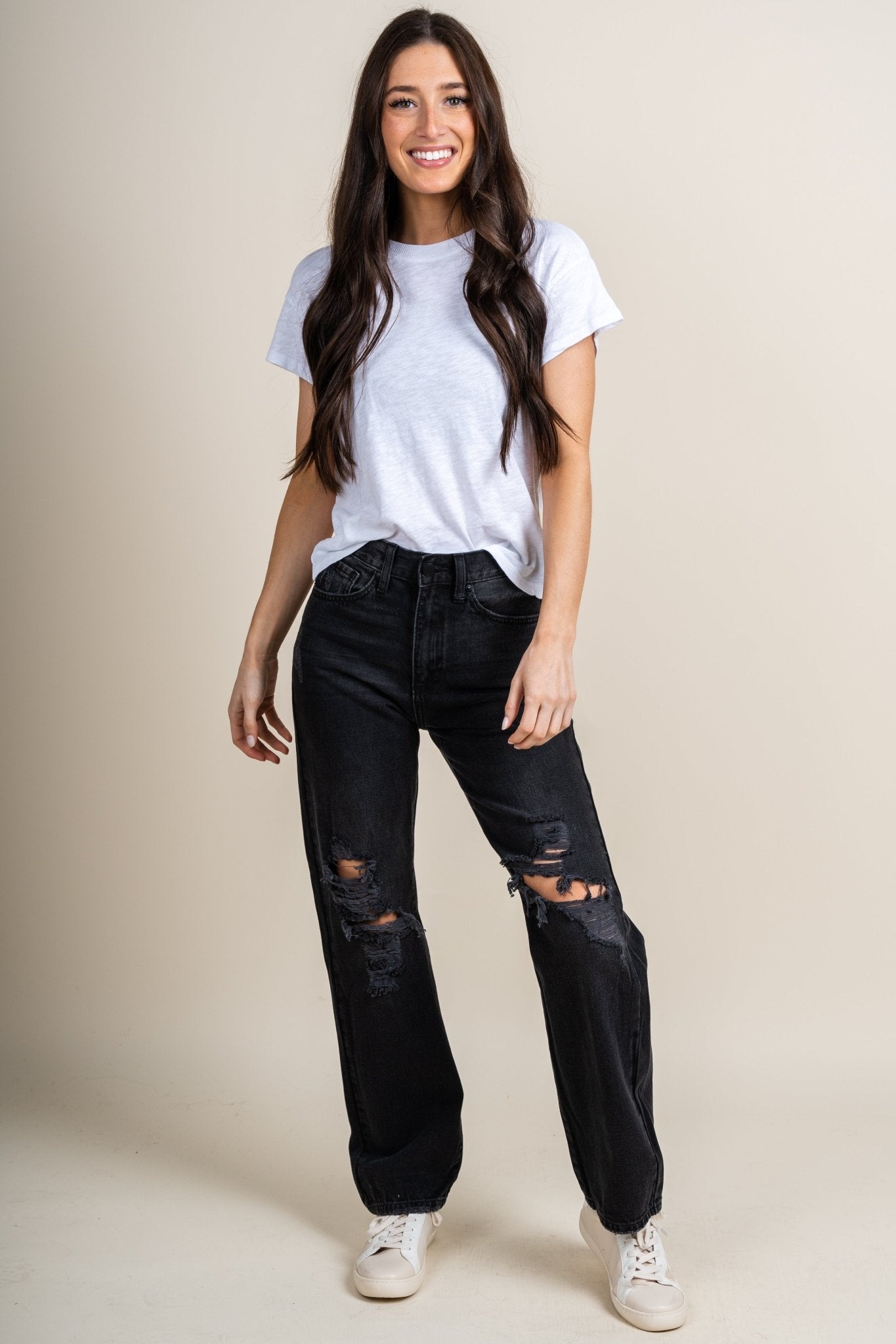 Just USA high rise dad jeans washed black | Lush Fashion Lounge: boutique women's jeans, fashion jeans for women, affordable fashion jeans, cute boutique jeans