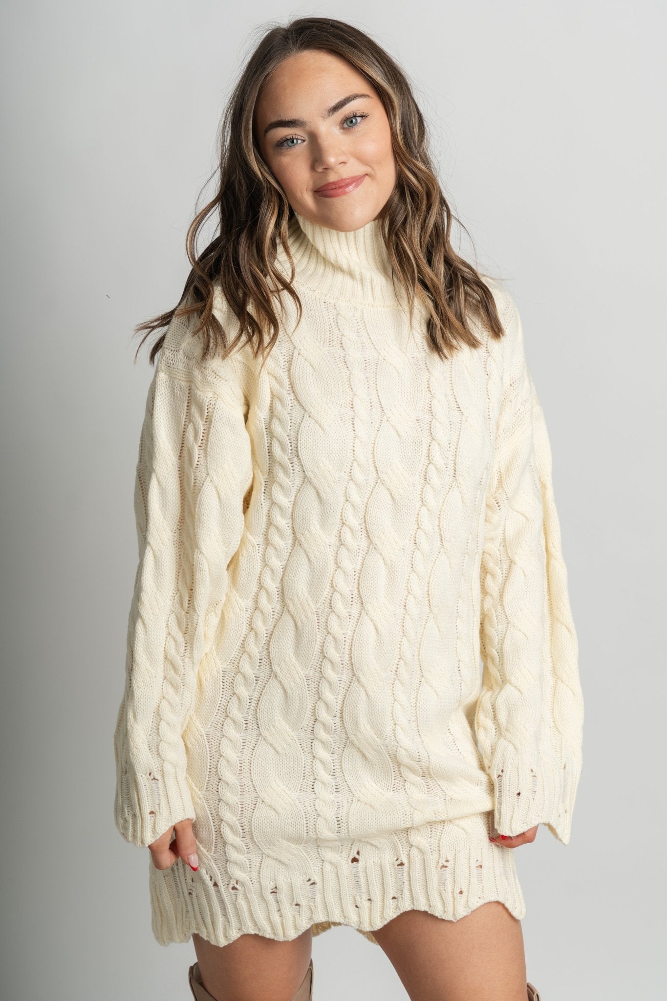 Cable knit sweater dress cream