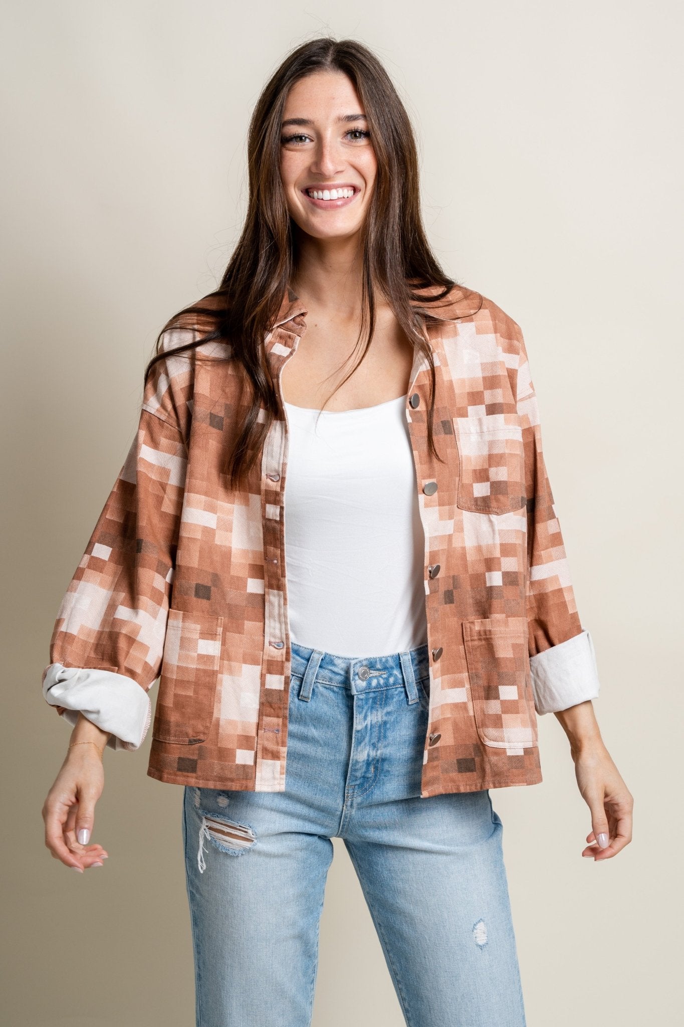 Checkered pocket detail jacket brick - Affordable jacket - Boutique Jackets & Blazers at Lush Fashion Lounge Boutique in Oklahoma City