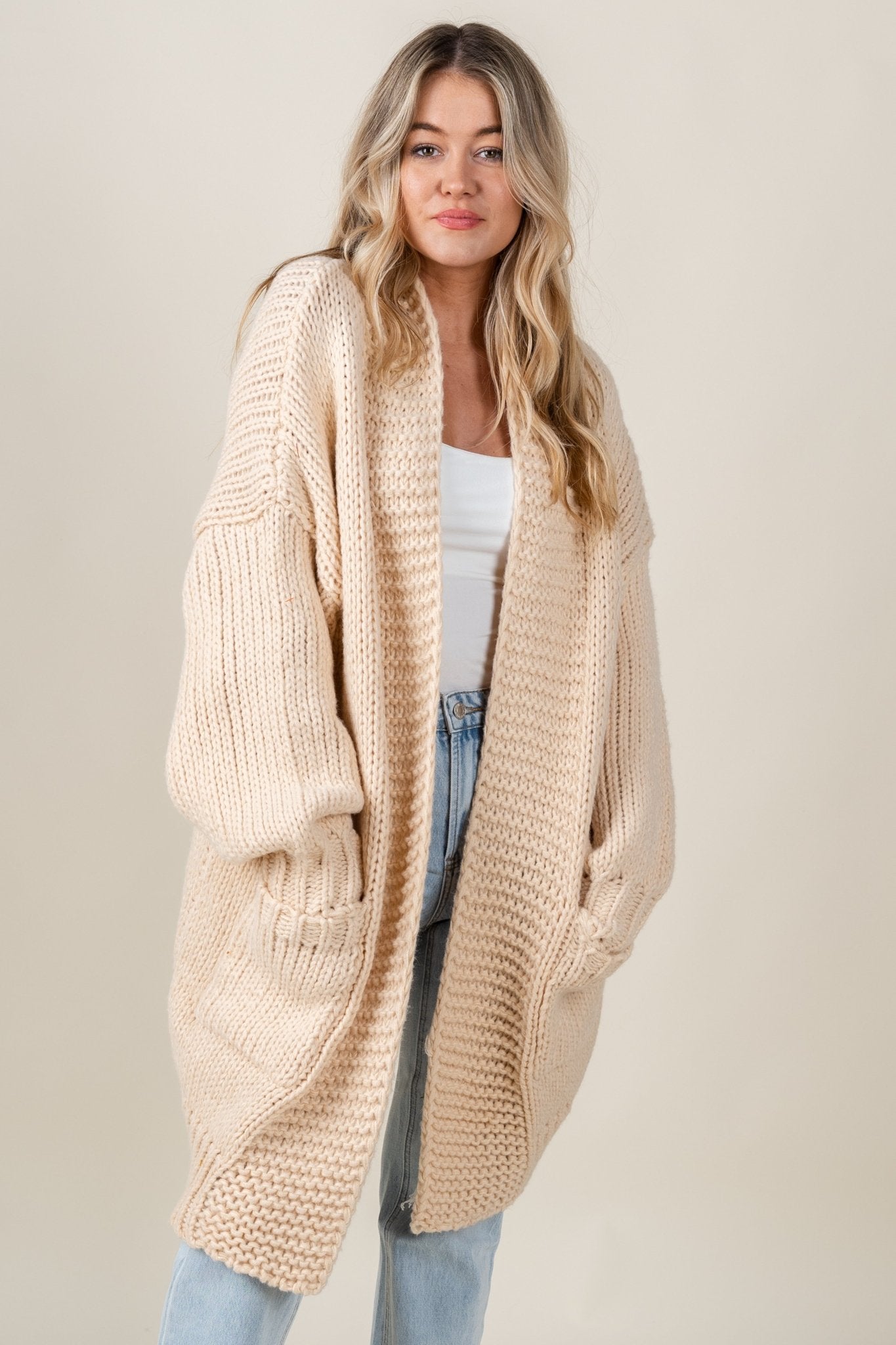 Cable knit chunky cardigan beige - Affordable cardigan - Boutique Cardigans & Trendy Kimonos at Lush Fashion Lounge Boutique in Oklahoma City