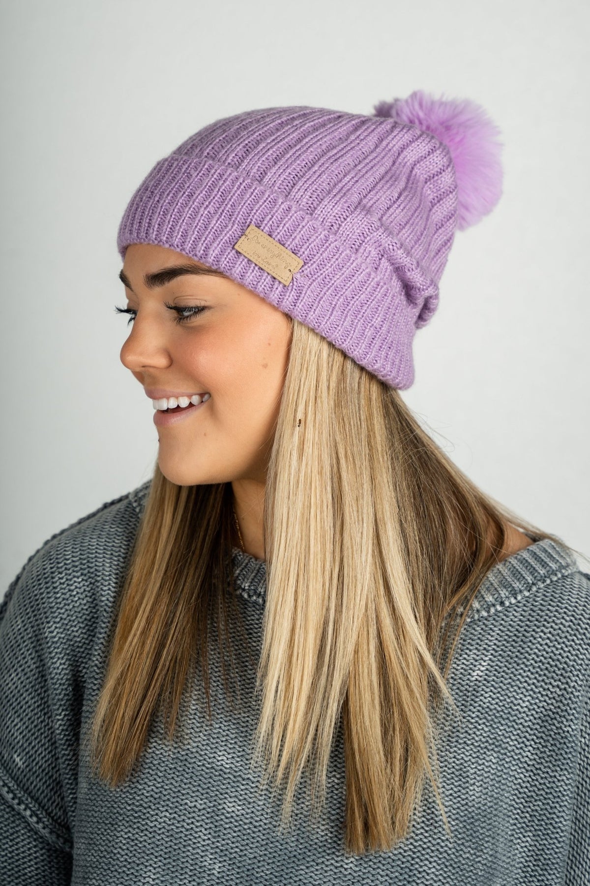 Ribbed pom beanie purple - Trendy Beanies at Lush Fashion Lounge Boutique in Oklahoma City