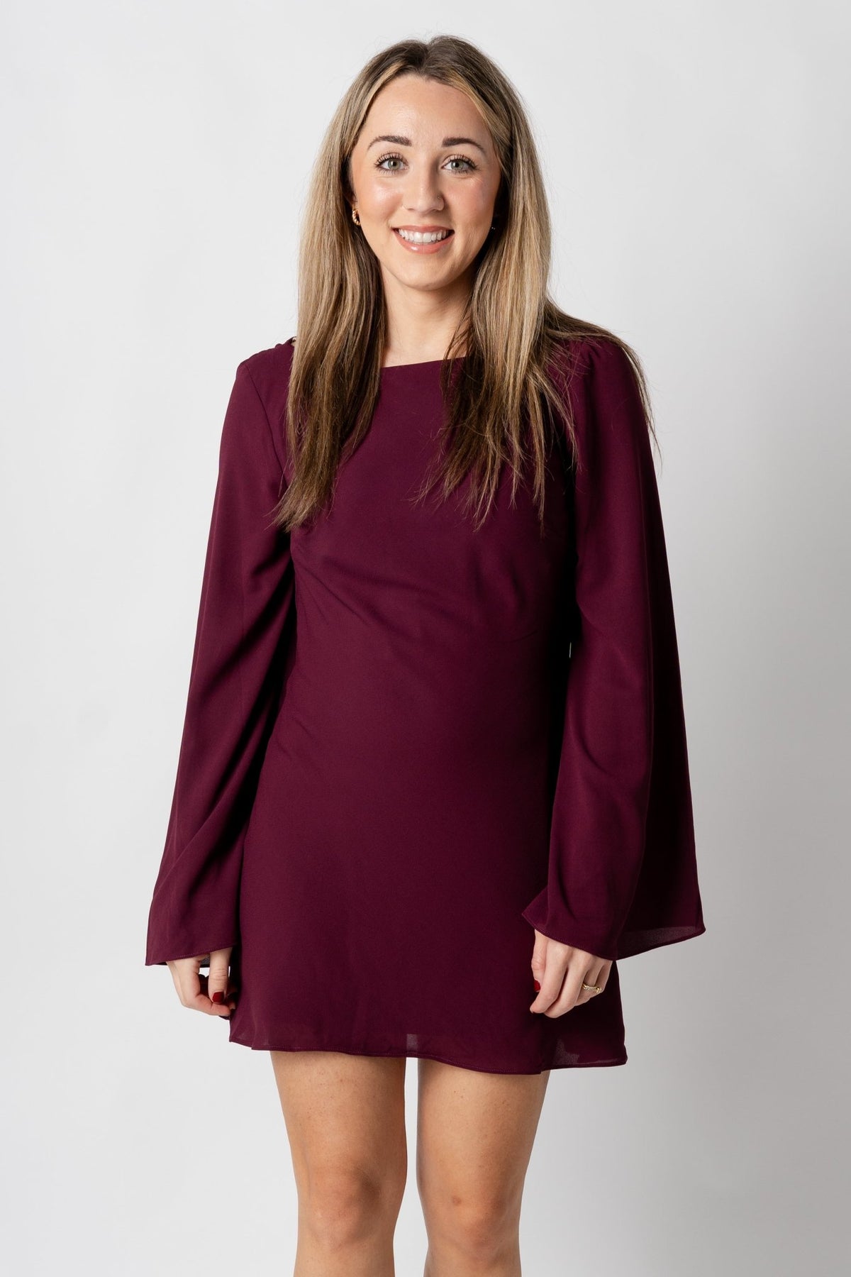 Bell sleeve mini dress wine - Cute dress - Trendy Dresses at Lush Fashion Lounge Boutique in Oklahoma City