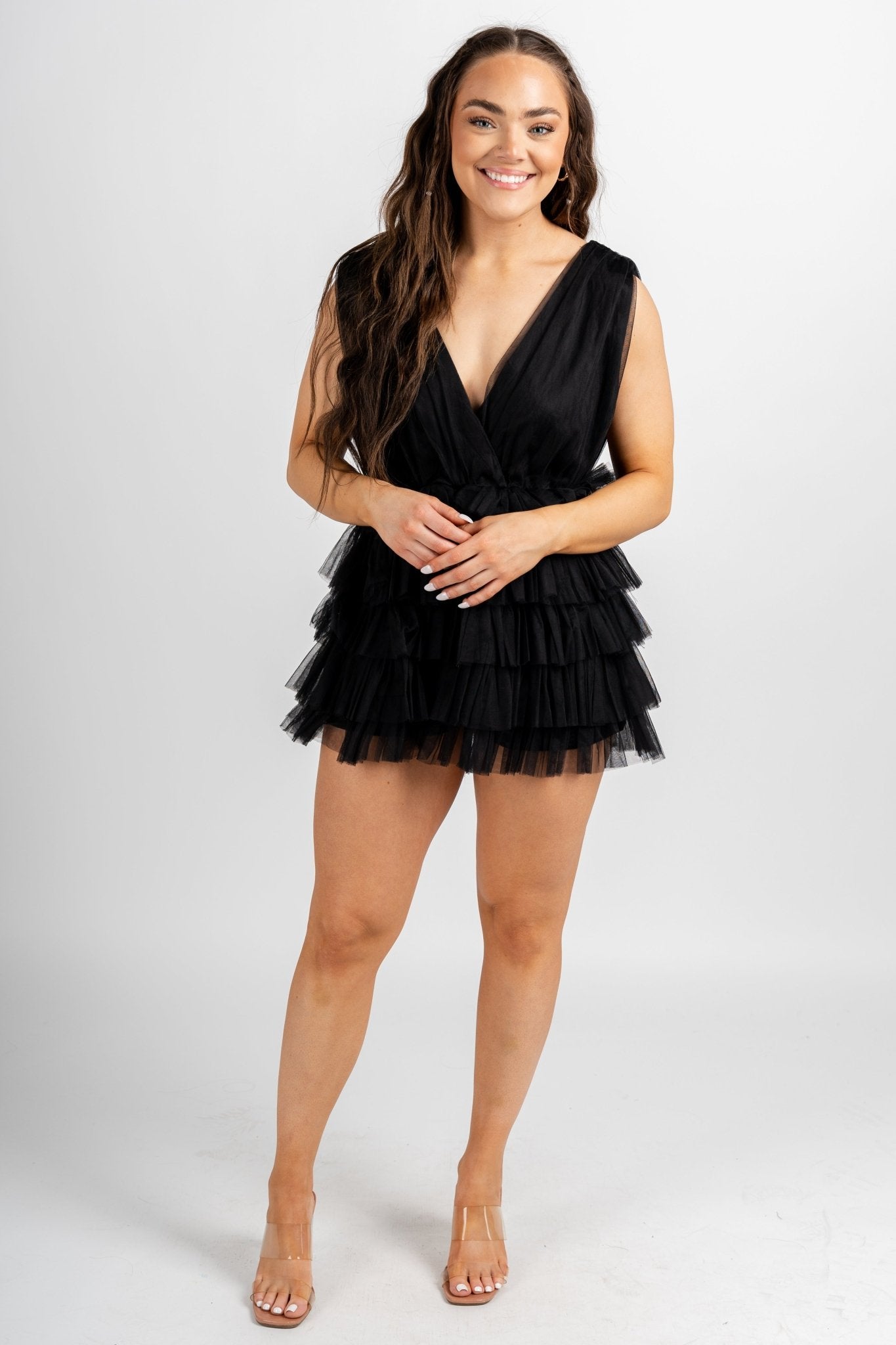 Tulle deep v romper black - Trendy Romper - Fashion Rompers & Pantsuits at Lush Fashion Lounge Boutique in Oklahoma City