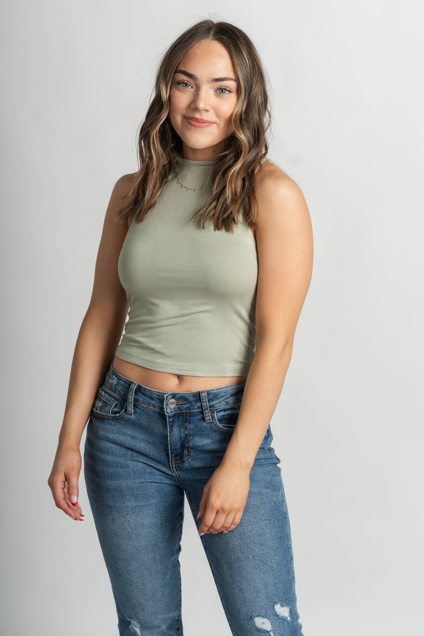 Modal high neck tank top sage - Affordable Tank Top - Boutique Tank Tops at Lush Fashion Lounge Boutique in Oklahoma City