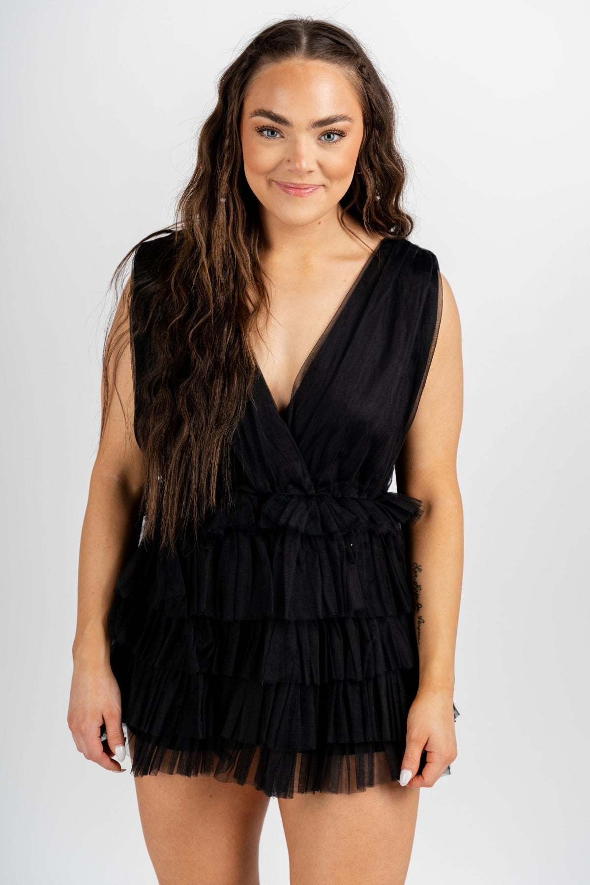 Tulle deep v romper black - Cute Romper - Trendy Rompers and Pantsuits at Lush Fashion Lounge Boutique in Oklahoma City