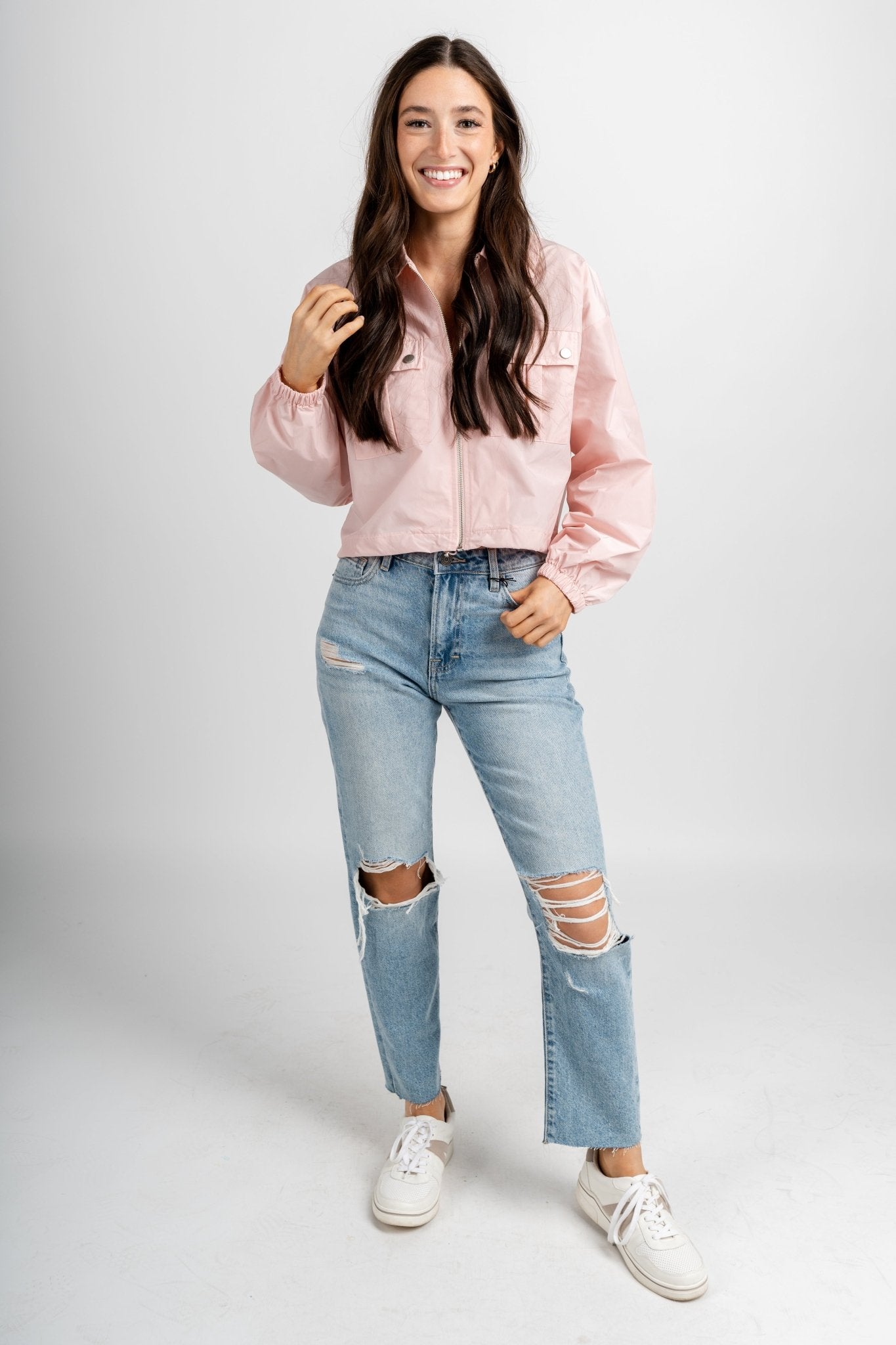 Windbreaker zip jacket baby pink – Fashionable Jackets | Trendy Blazers at Lush Fashion Lounge Boutique in Oklahoma City
