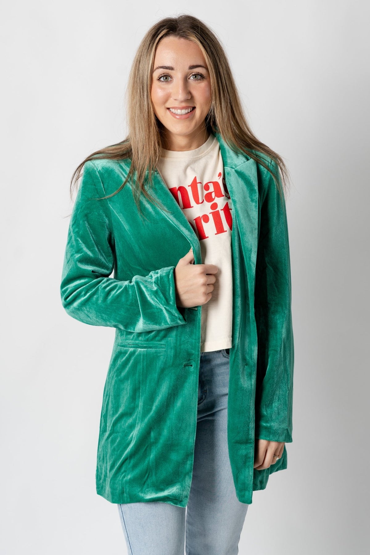 Velvet blazer emerald – Trendy Jackets | Cute Fashion Blazers at Lush Fashion Lounge Boutique in Oklahoma City