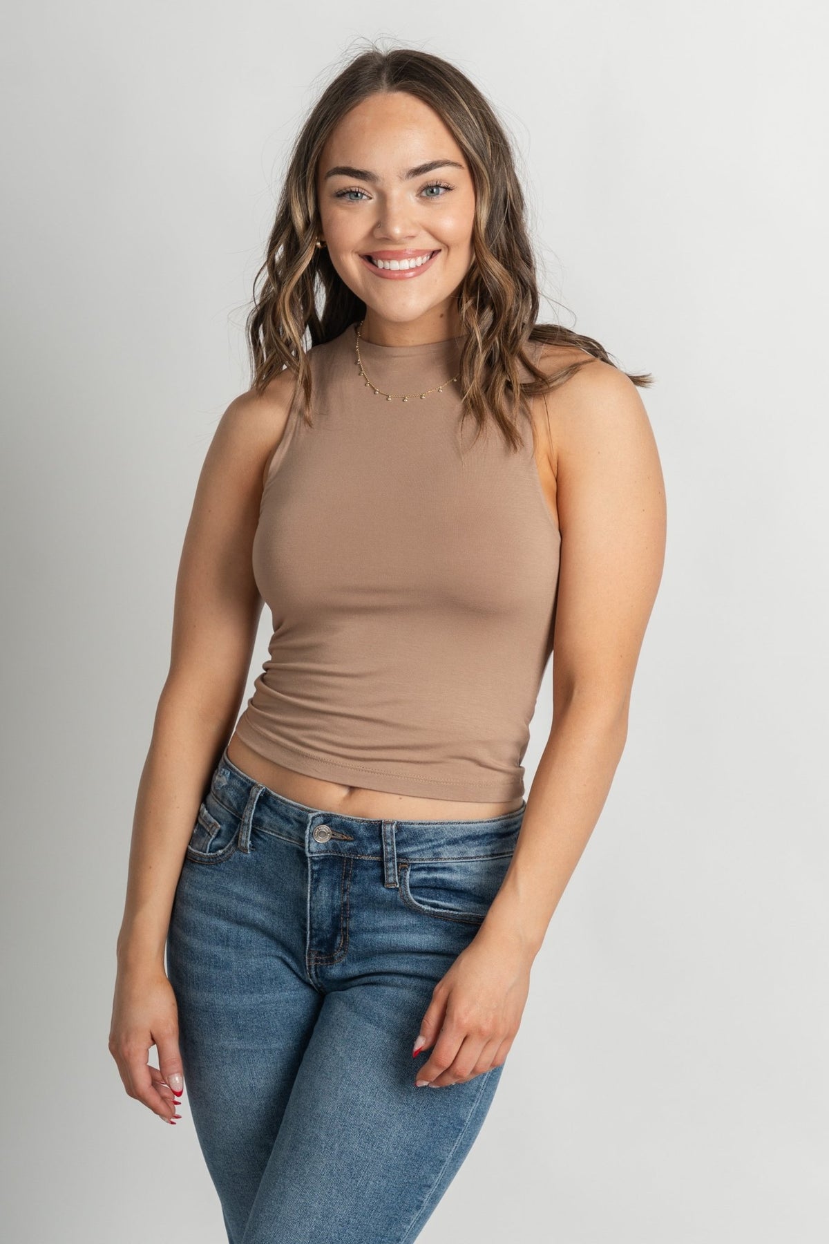 Modal high neck tank top taupe - Cute Tank Top - Trendy Tank Tops at Lush Fashion Lounge Boutique in Oklahoma City