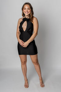 Rosette halter dress black Stylish Dresses - Womens Fashion Dresses at Lush Fashion Lounge Boutique in Oklahoma City