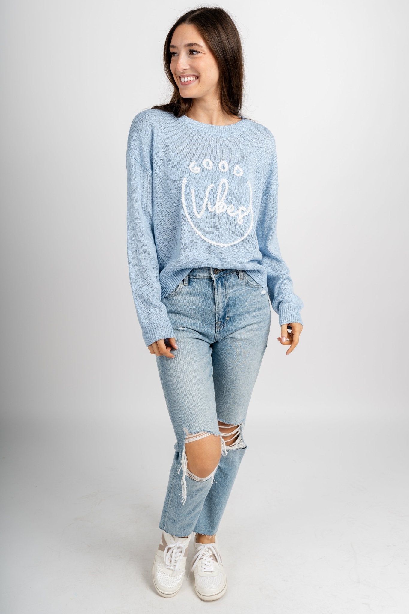 Good vibes tinsel sweater blue – Unique Sweaters | Lounging Sweaters and Womens Fashion Sweaters at Lush Fashion Lounge Boutique in Oklahoma City