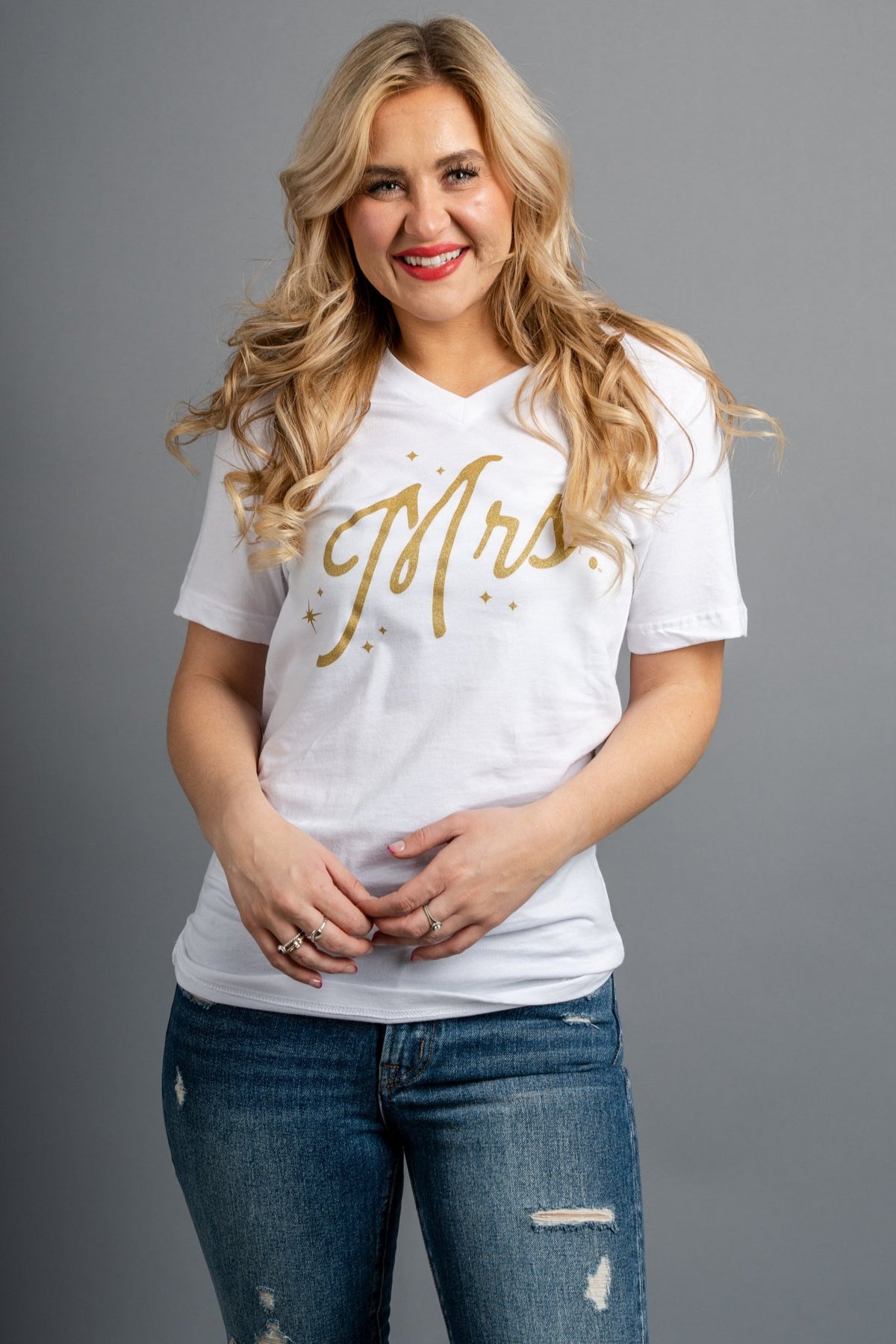 Mrs Script v-neck short sleeve t-shirt white - Stylish t-shirt - Trendy Graphic T-Shirts and Tank Tops at Lush Fashion Lounge Boutique in Oklahoma City
