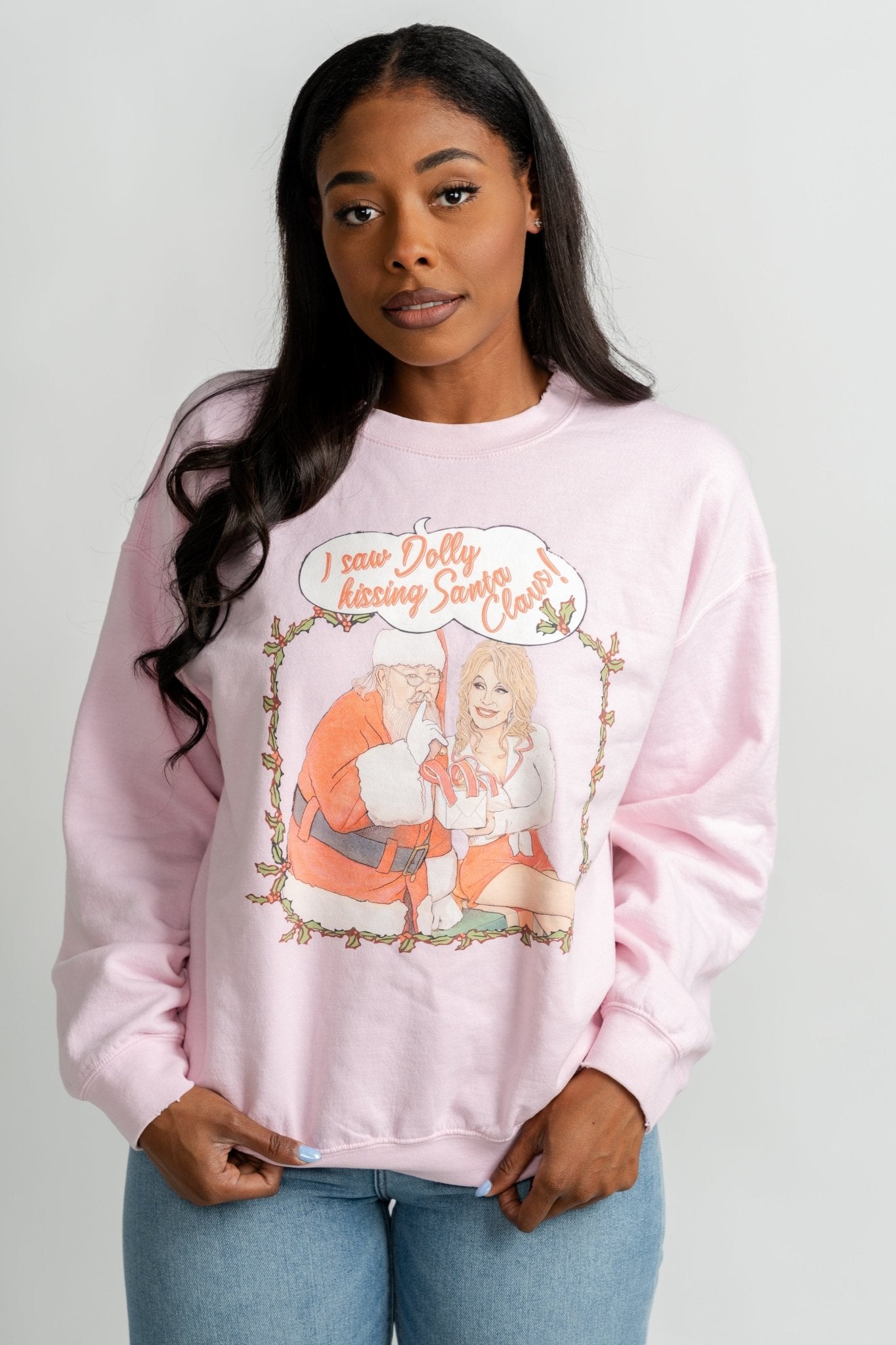 Dolly kissing Santa thrifted sweatshirt pink
