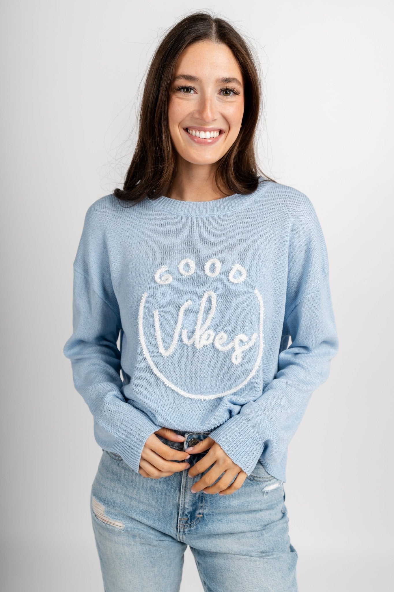 Good vibes tinsel sweater blue – Stylish Sweaters | Boutique Sweaters at Lush Fashion Lounge Boutique in Oklahoma City