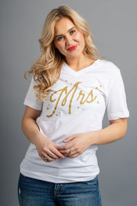 Mrs Script v-neck short sleeve t-shirt white - Trendy t-shirt - Cute Graphic Tee Fashion at Lush Fashion Lounge Boutique in Oklahoma
