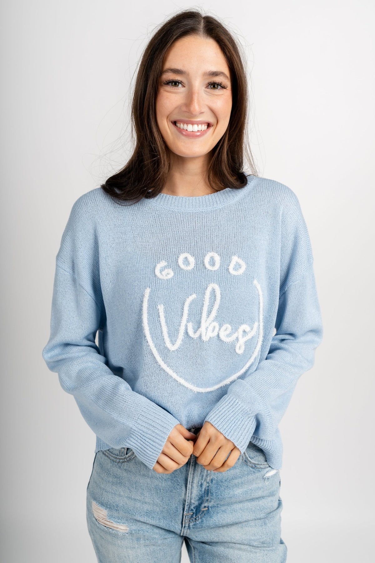 Good vibes tinsel sweater blue – Boutique Sweaters | Fashionable Sweaters at Lush Fashion Lounge Boutique in Oklahoma City