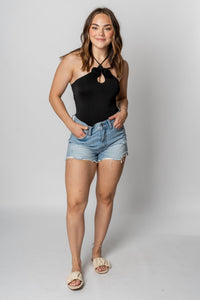 Rosette halter bodysuit black - Trendy Dresses - Fashion Bodysuits at Lush Fashion Lounge Boutique in Oklahoma City