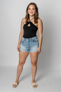 Rosette halter bodysuit black Stylish Dresses - Womens Fashion Bodysuits at Lush Fashion Lounge Boutique in Oklahoma City