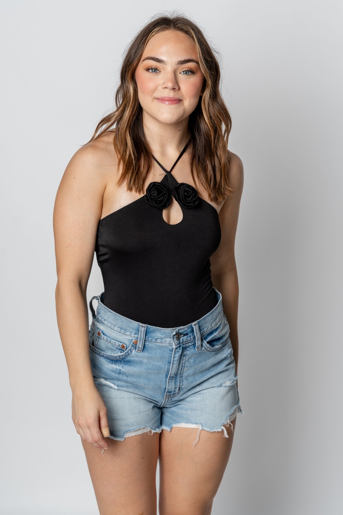 Rosette halter bodysuit black - Affordable Dresses - Boutique Bodysuits at Lush Fashion Lounge Boutique in Oklahoma City