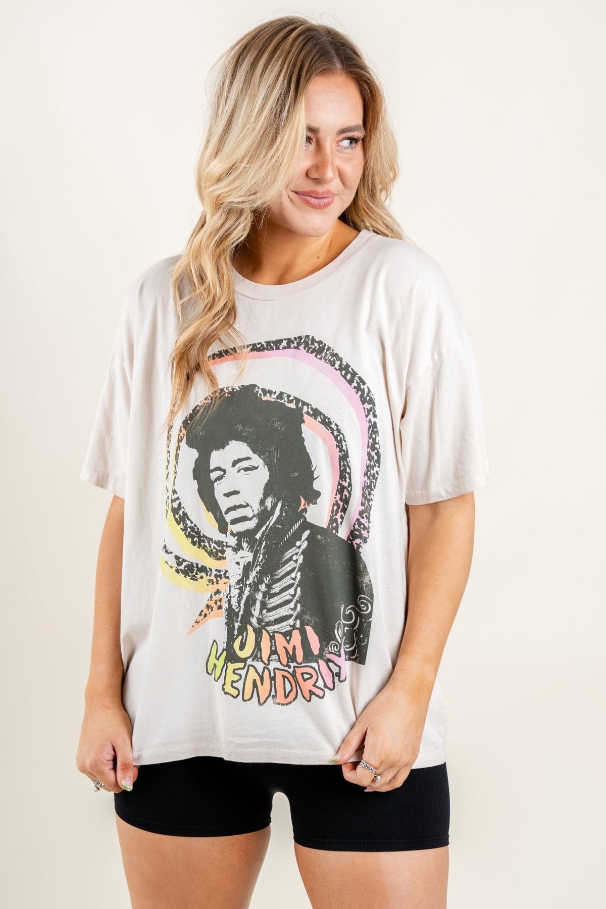 DayDreamer Jimi Hendrix spiral t-shirt dirty white - DayDreamer Graphic Band Tees at Lush Fashion Lounge Trendy Boutique in Oklahoma City