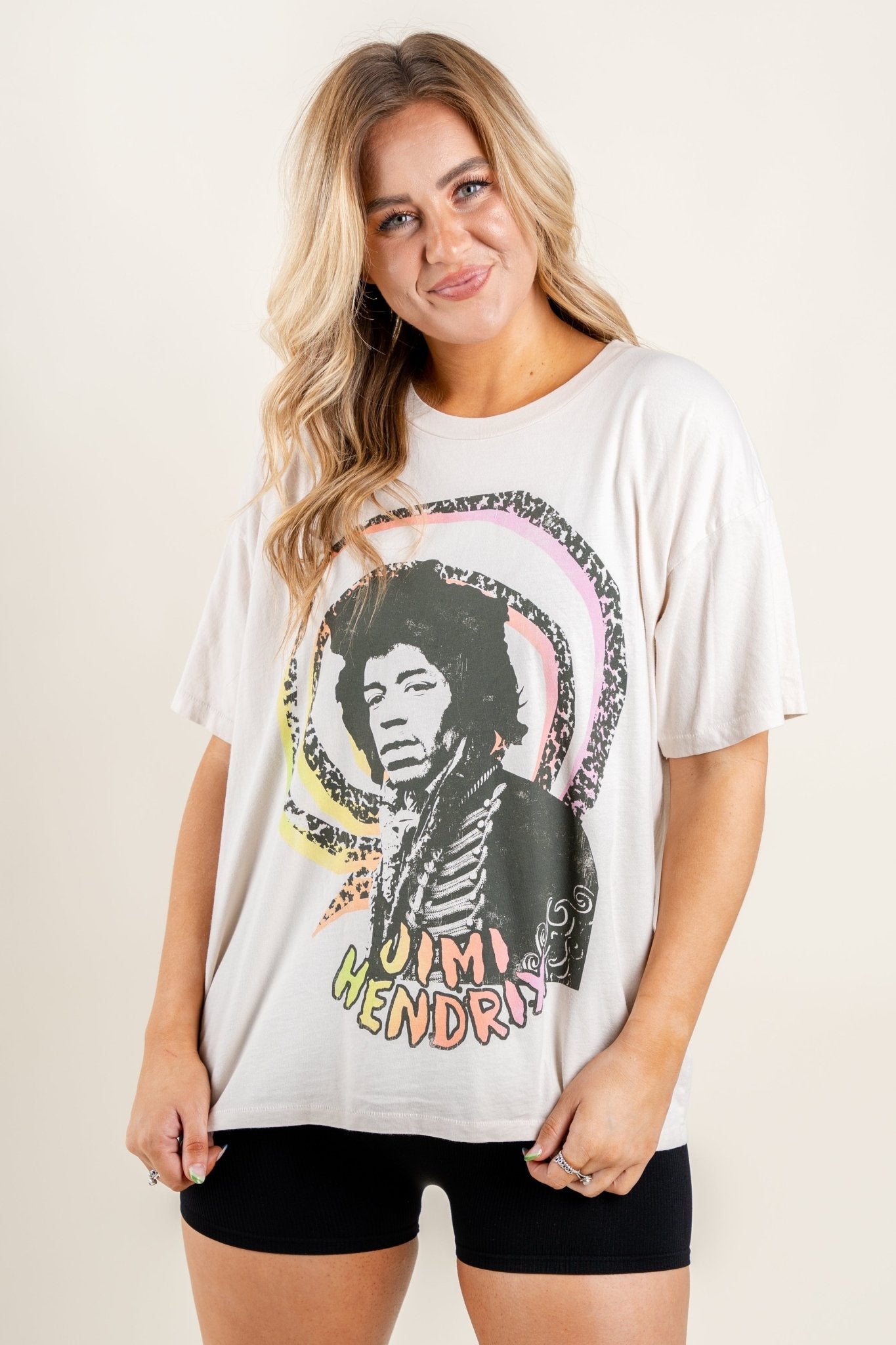 DayDreamer Jimi Hendrix spiral t-shirt dirty white - Stylish Band T-Shirts and Sweatshirts at Lush Fashion Lounge Boutique in Oklahoma City