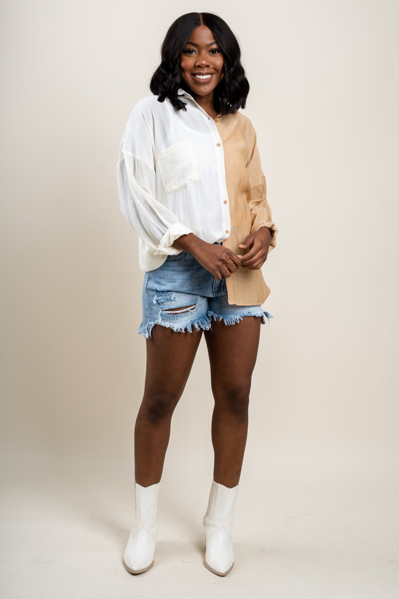 Split tone button up shirt cream - Stylish Top - Trendy Staycation Outfits at Lush Fashion Lounge Boutique in Oklahoma City
