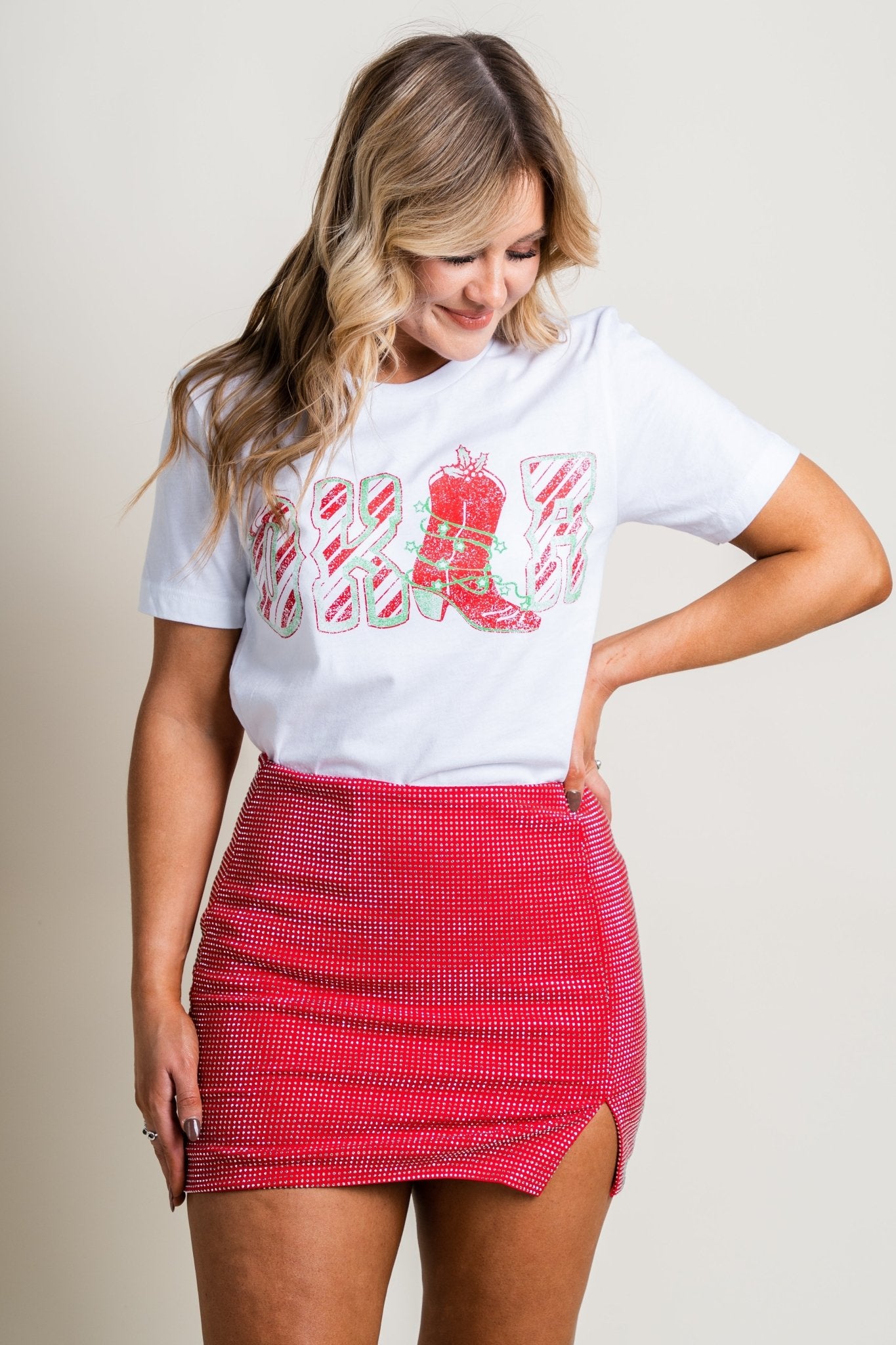 Okla boot candy cane t-shirt white - Affordable t-shirt - Boutique Graphic T-Shirts at Lush Fashion Lounge Boutique in Oklahoma City
