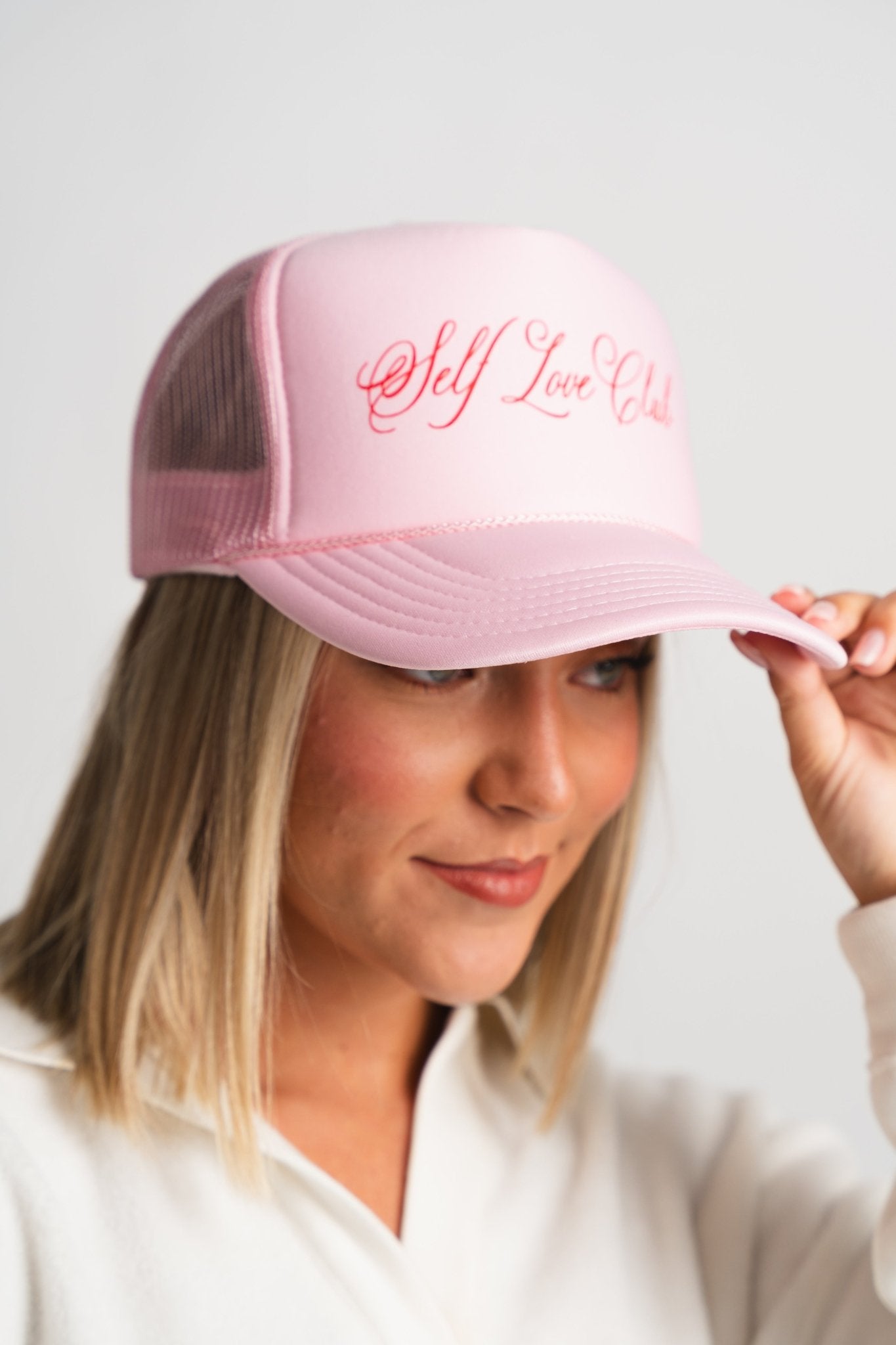 Self love club trucker hat light pink - Trendy Valentine's T-Shirts at Lush Fashion Lounge Boutique in Oklahoma City