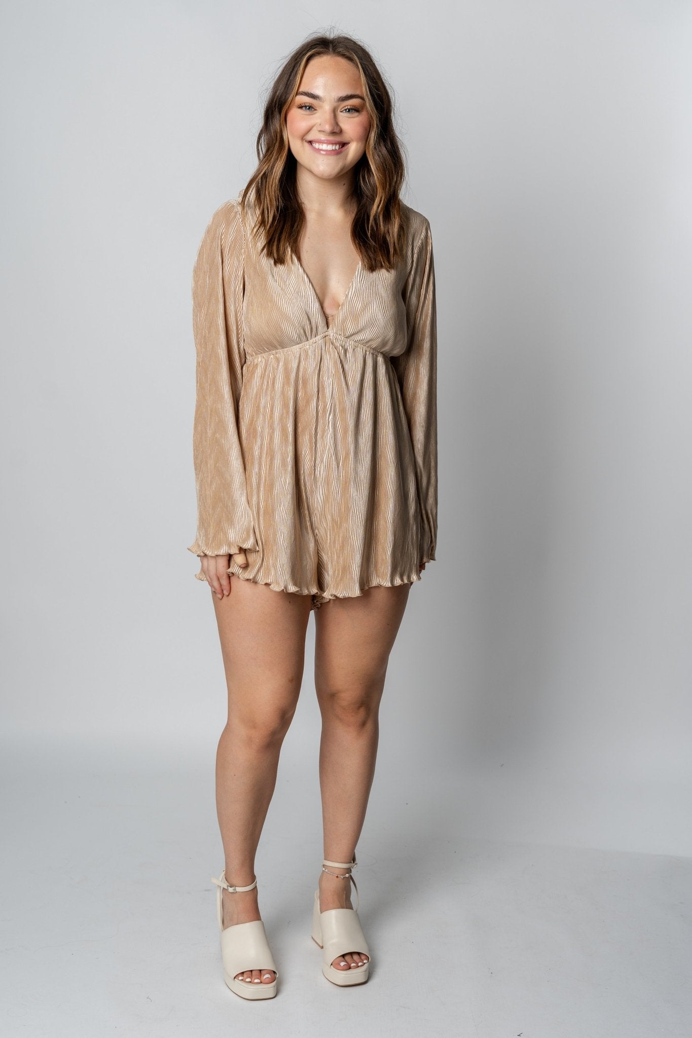 Bell sleeve pleated romper taupe - Trendy Romper - Fashion Rompers & Pantsuits at Lush Fashion Lounge Boutique in Oklahoma City