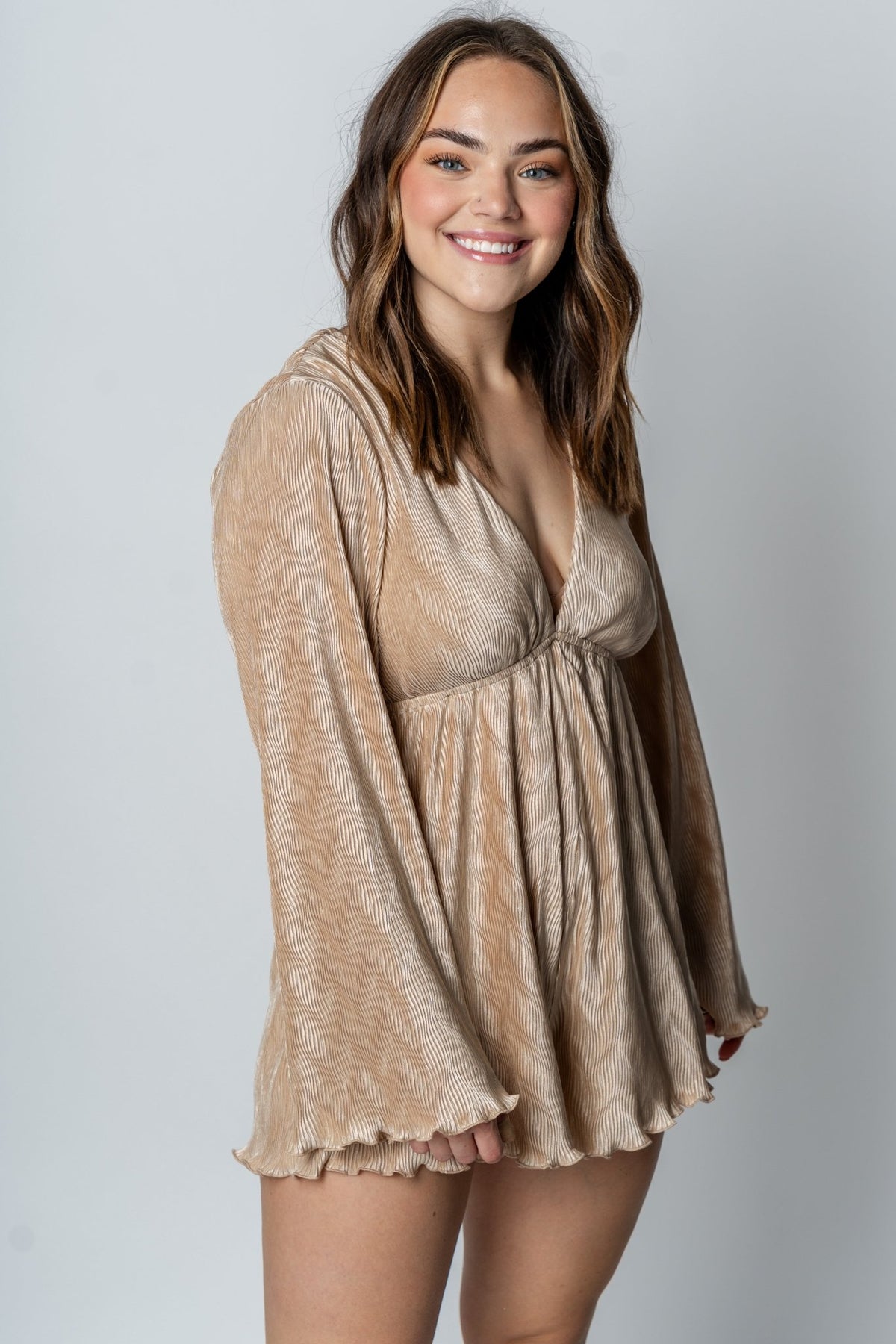 Bell sleeve pleated romper taupe - Cute Romper - Trendy Rompers and Pantsuits at Lush Fashion Lounge Boutique in Oklahoma City