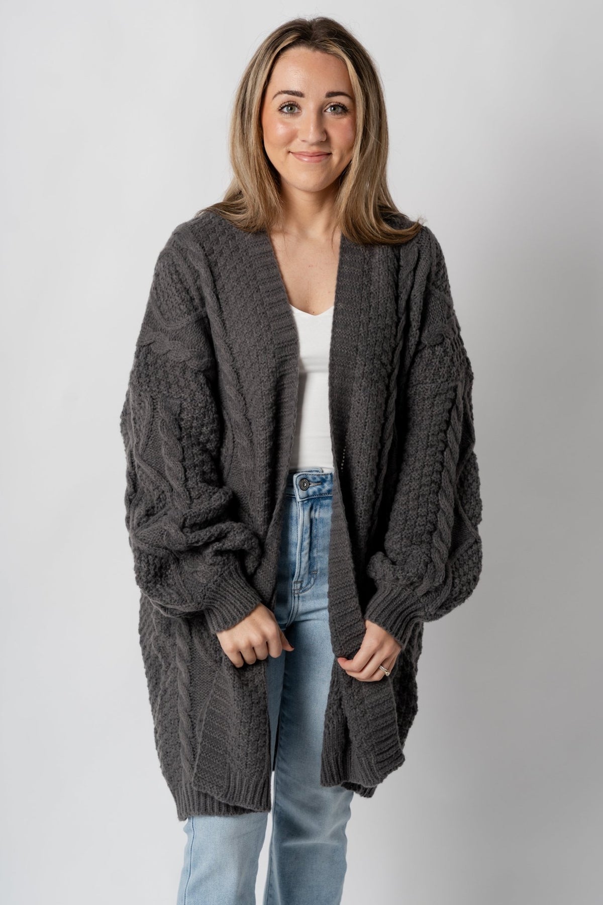 Chunky cable knit cardigan charcoal - Cute Cardigan - Trendy Cardigans & Stylish Kimonos at Lush Fashion Lounge Boutique in Oklahoma City