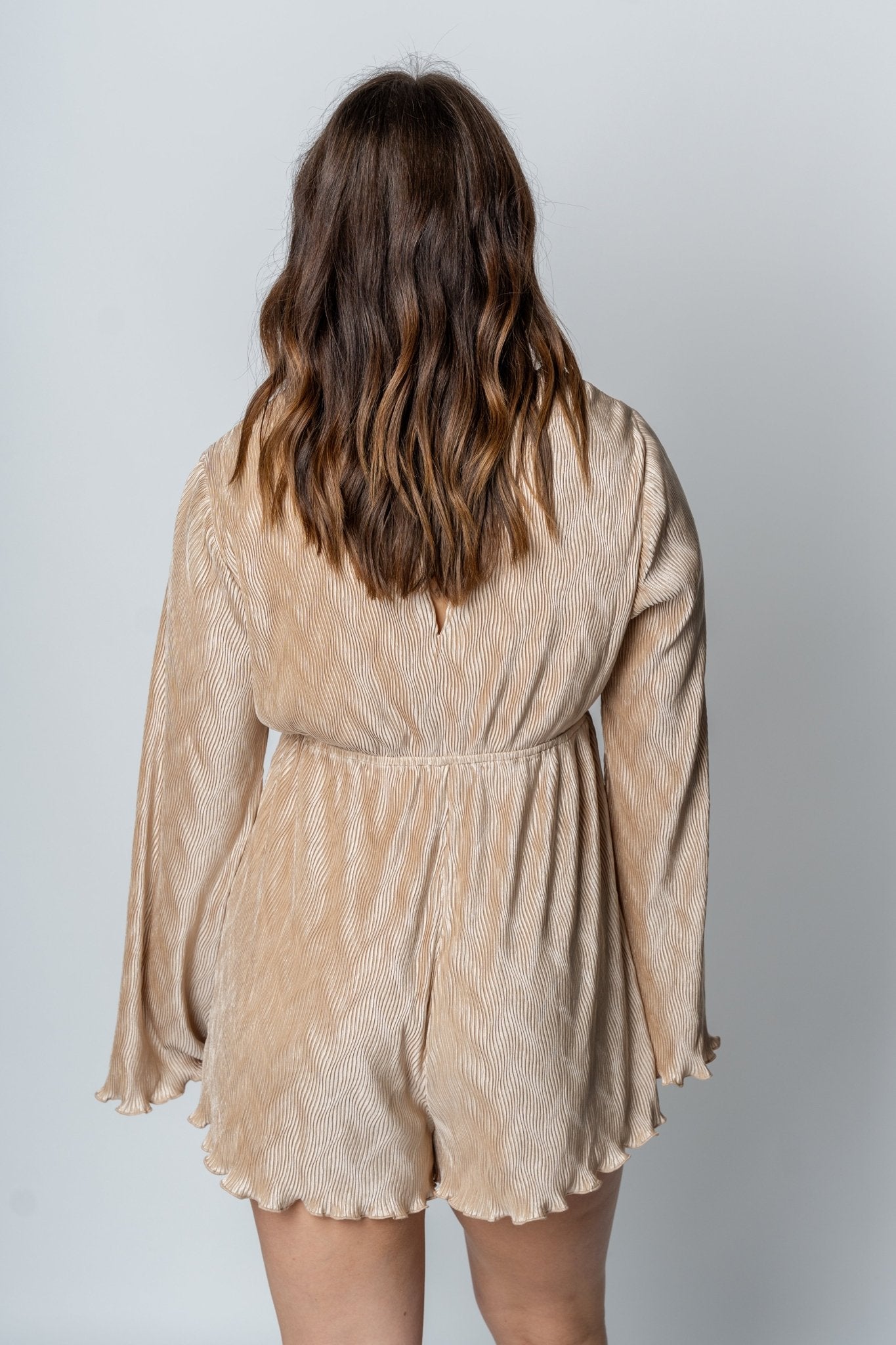 Bell sleeve pleated romper taupe