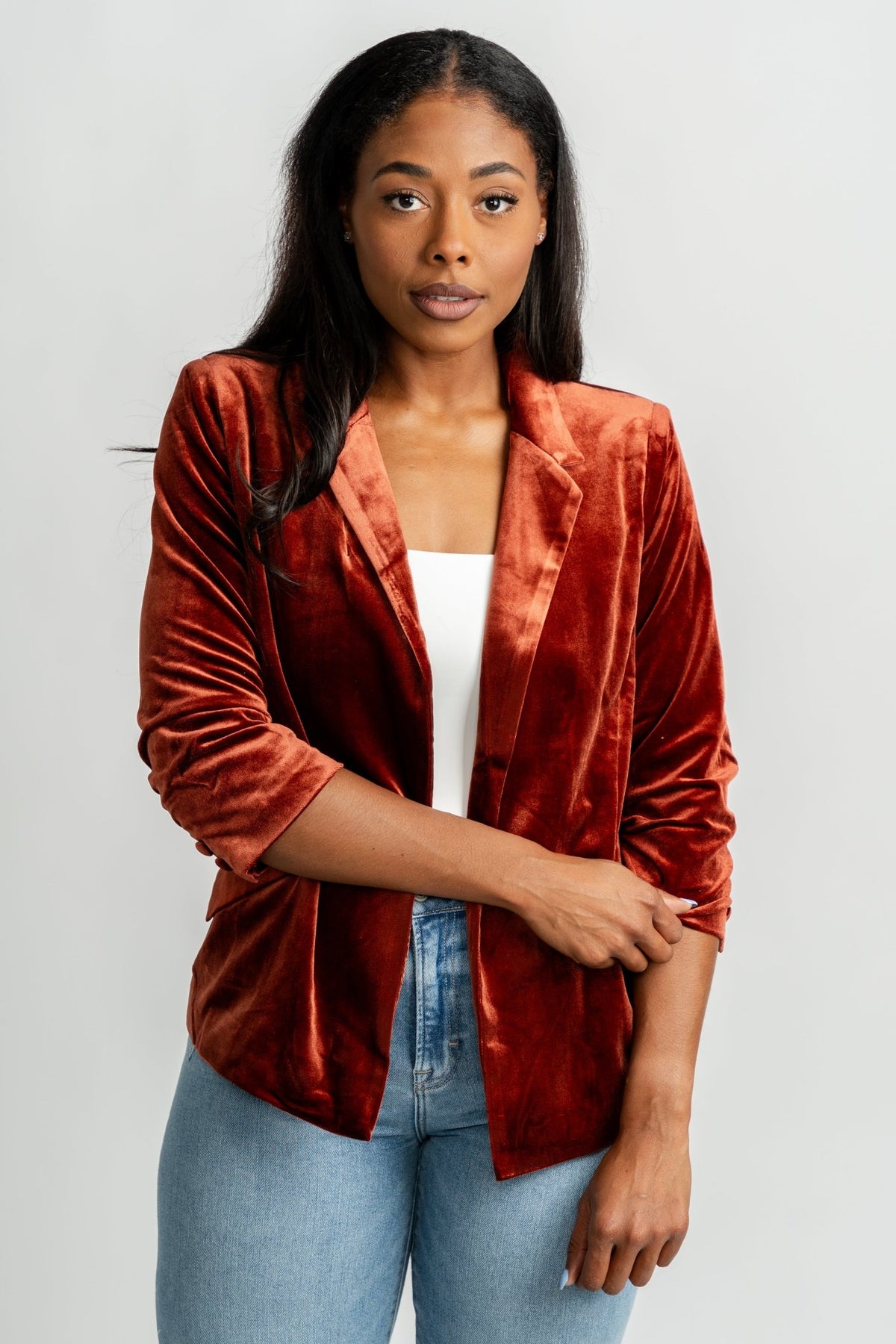 Velvet button blazer amber rust – Trendy Jackets | Cute Fashion Blazers at Lush Fashion Lounge Boutique in Oklahoma City